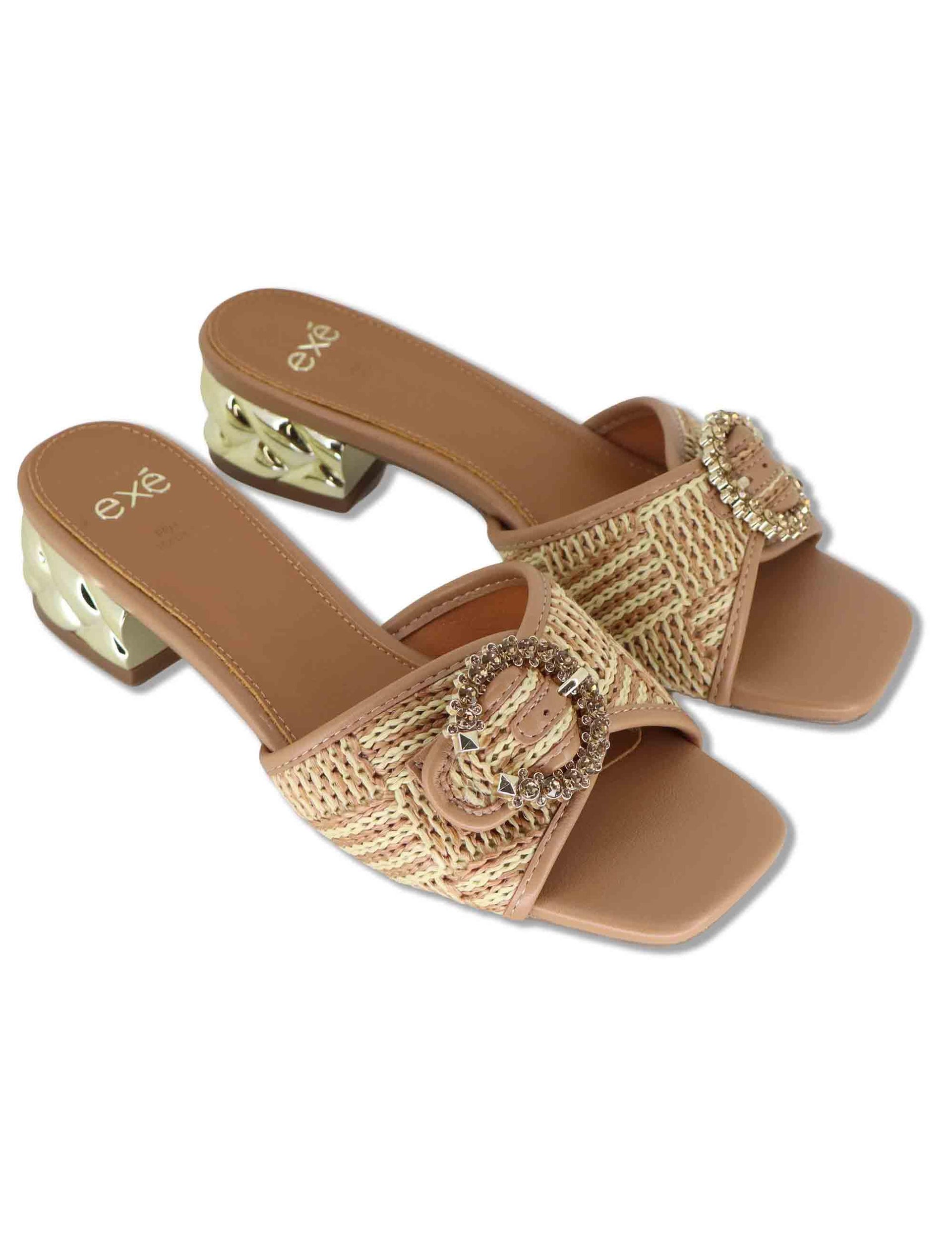 Sandali donna in rafia naturale con fibbia gioiello e tacco oro W4700410 25G0 Exe 