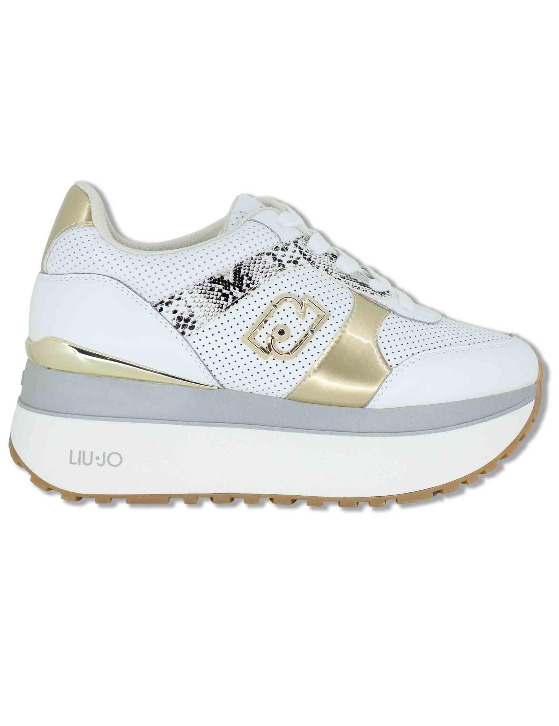 Sneakers donna in pelle bianca con riporti in contrasto e suola alta 5cm MAXI WONDER 02 BIS GOLD Liu-Jo 