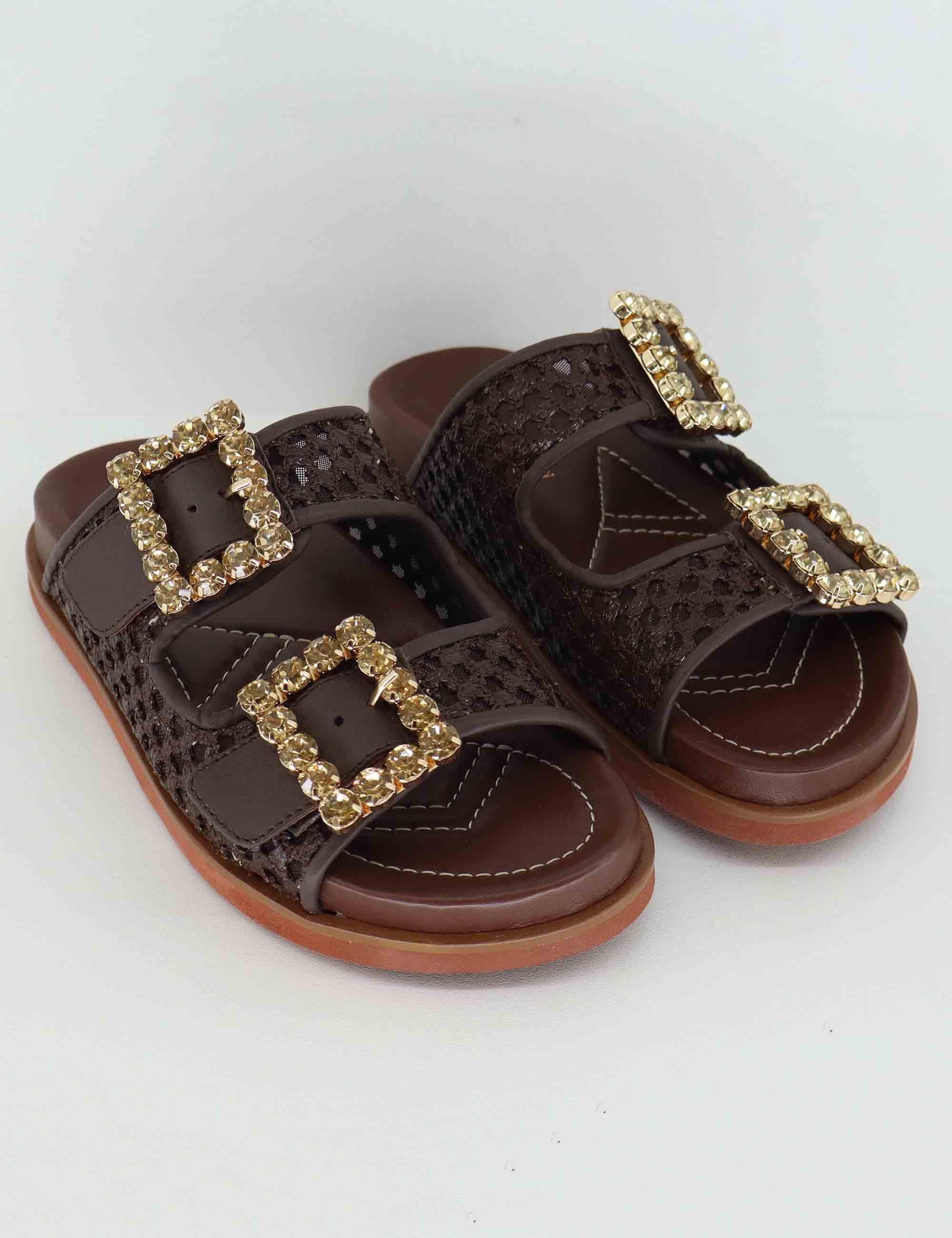 Sandali flat donna in pelle marrone con doppia fibbia PRIMULA06 014 Lorenzo Mari 