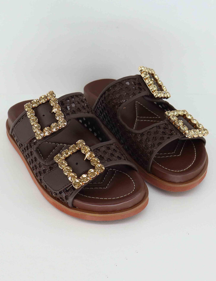 Sandali flat donna in pelle marrone con doppia fibbia PRIMULA06 014 Lorenzo Mari 