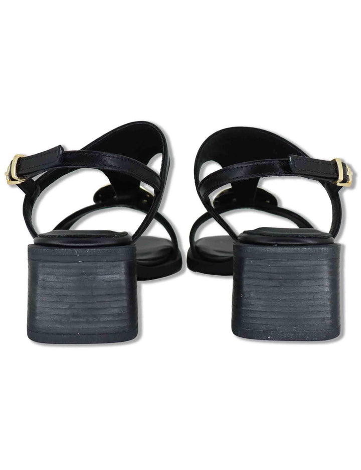 Sandali donna in pelle nera con borchia oro cinturino posteriore e tacco medio SP262065 001 Spatarella 