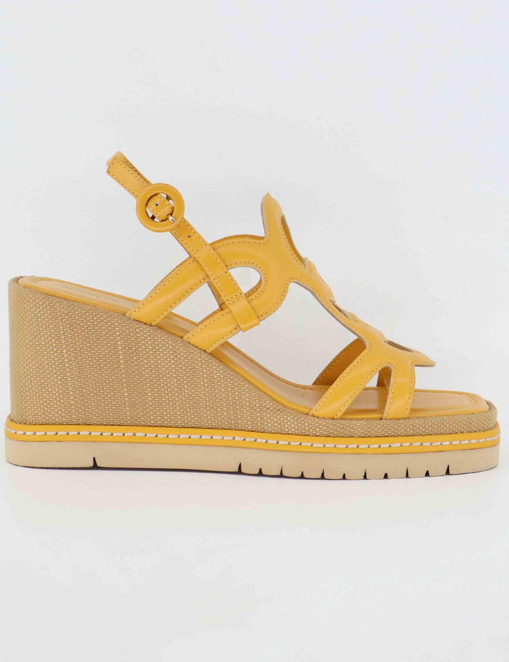 Sandali donna in pelle gialla con zeppa alta in rafia BL5403X 010 Bruno Premi 