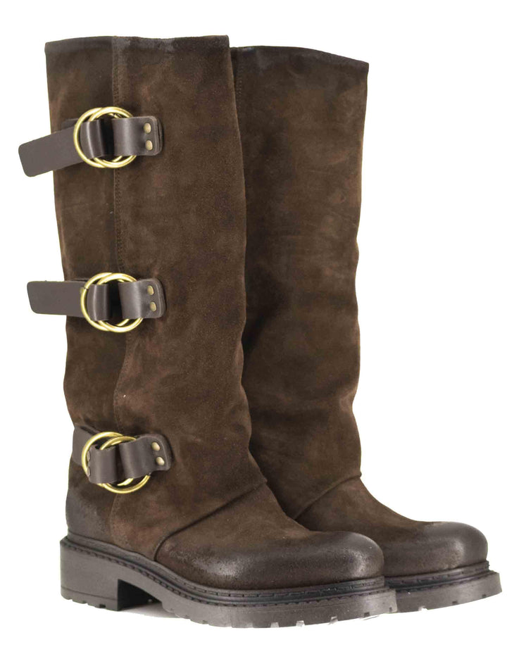 Stivali anfibi donna in camoscio marrone ingrassato con fibbie laterali SPMA2460 014 Spatarella 