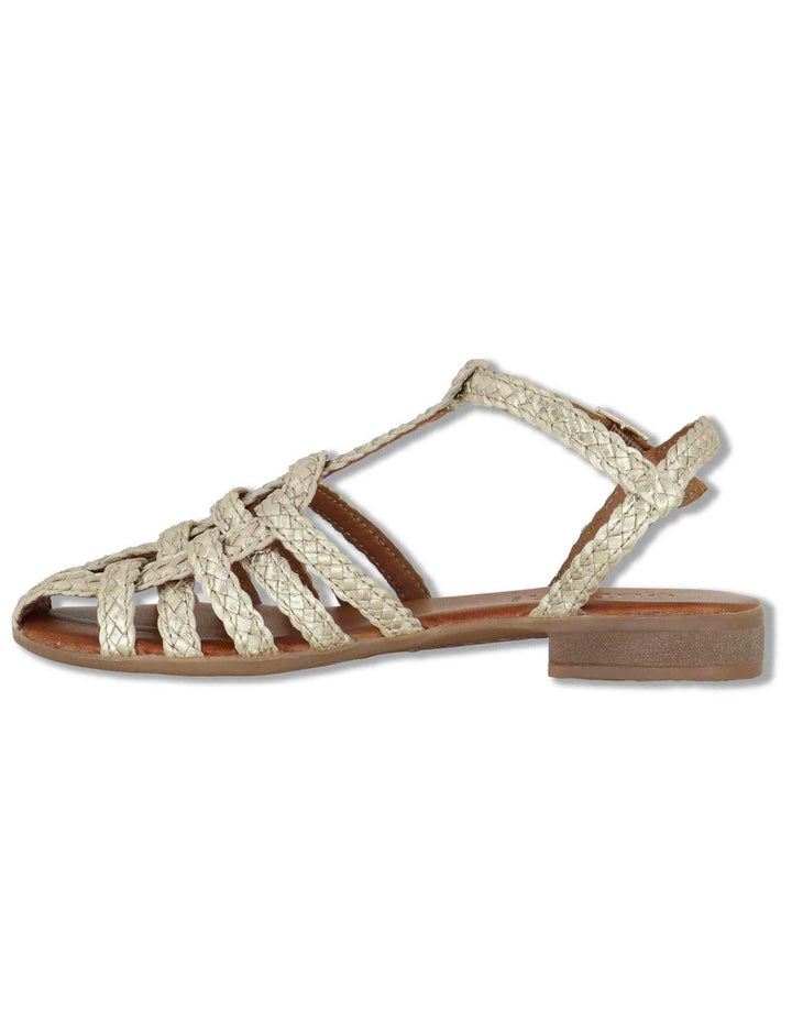 Sandali bassi donna in pelle intrecciata oro con cinturino alla caviglia WD314R63 500134 Vueva 