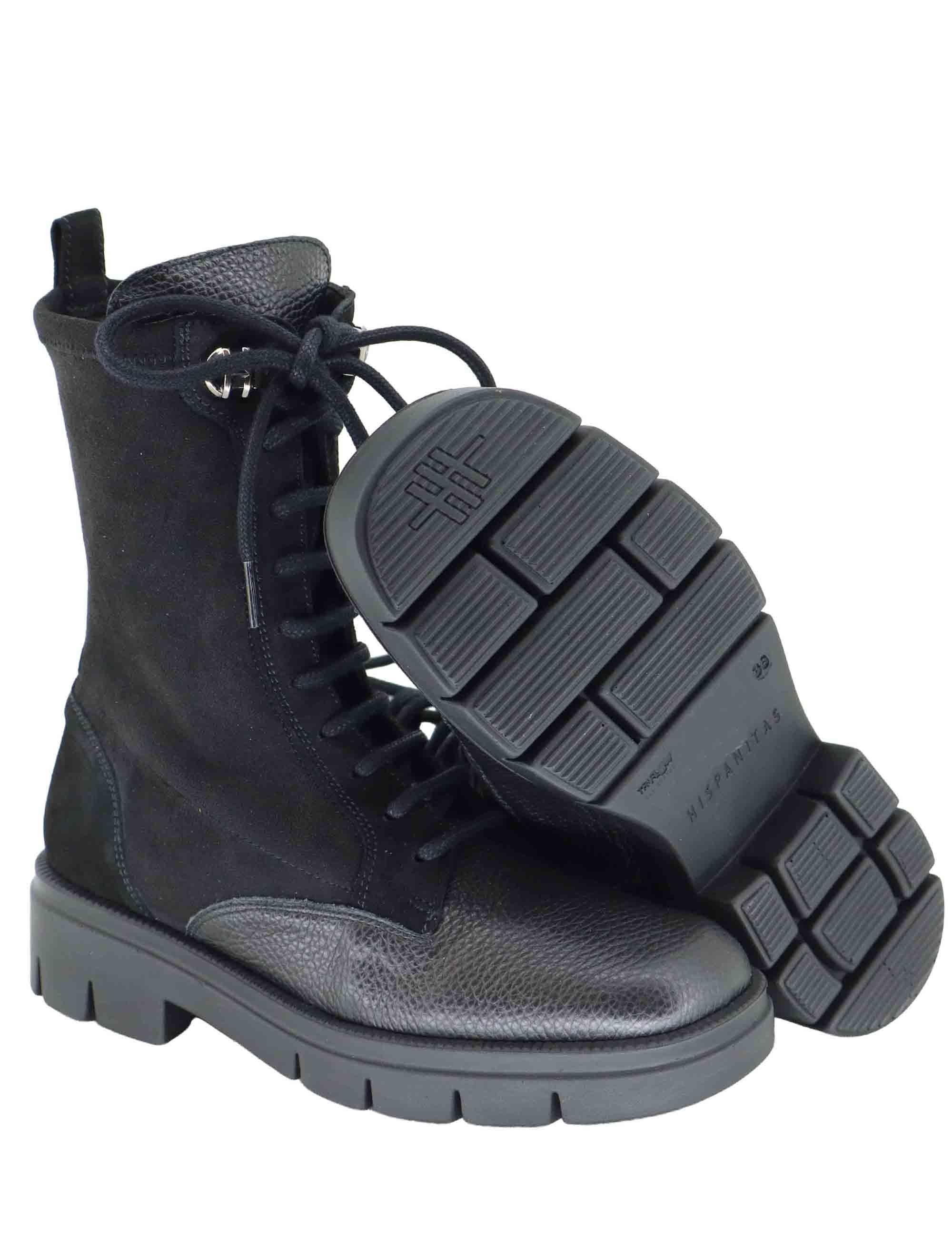 Stivaletti anfibi donna in pelle e tessuto nero con suola carrarmato HI254234 C012 Hispanitas 