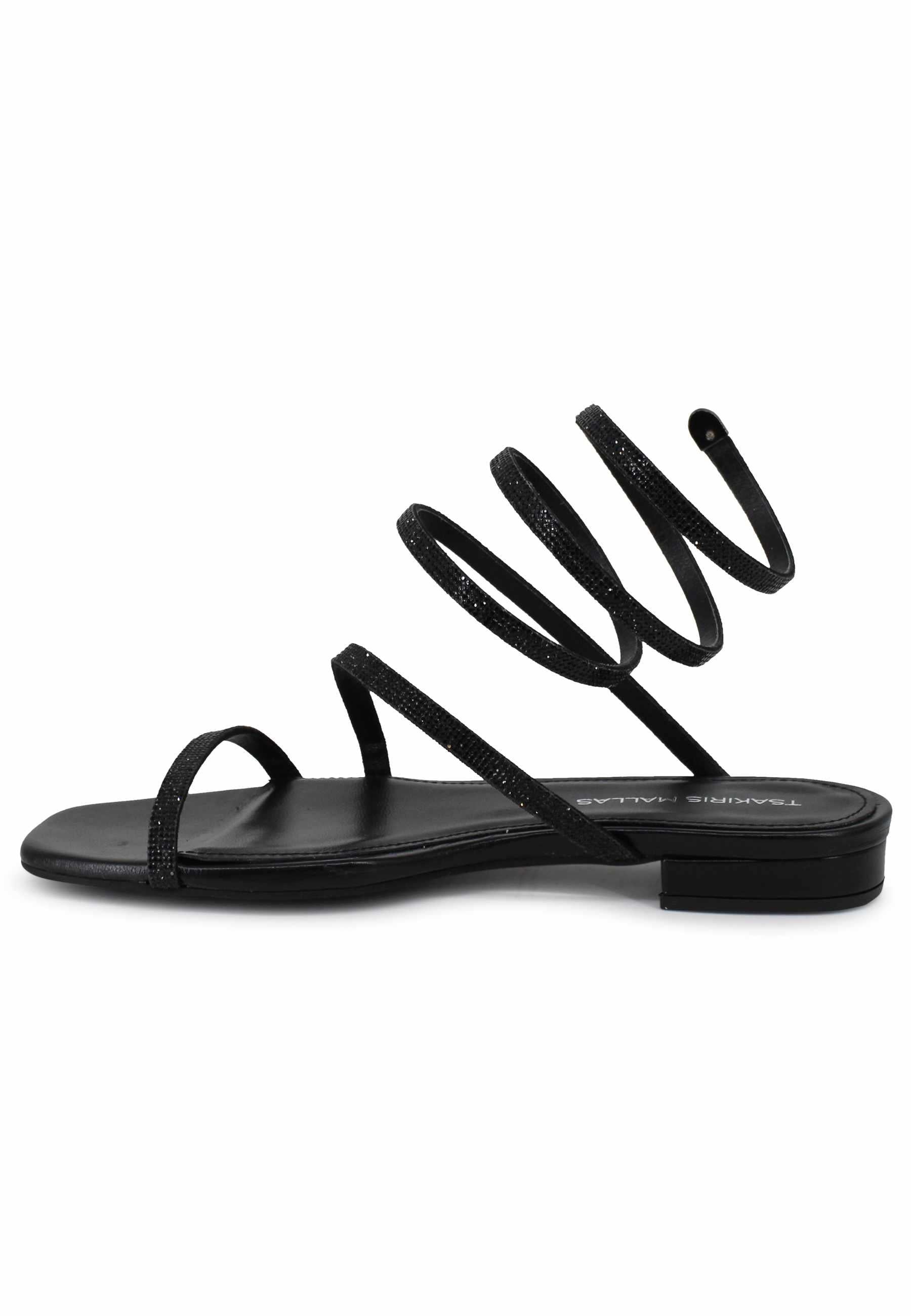 Sandali bassi donna in tessuto nero con strass e cavigliera a serpente 658 001 Tsakiris Mallas 