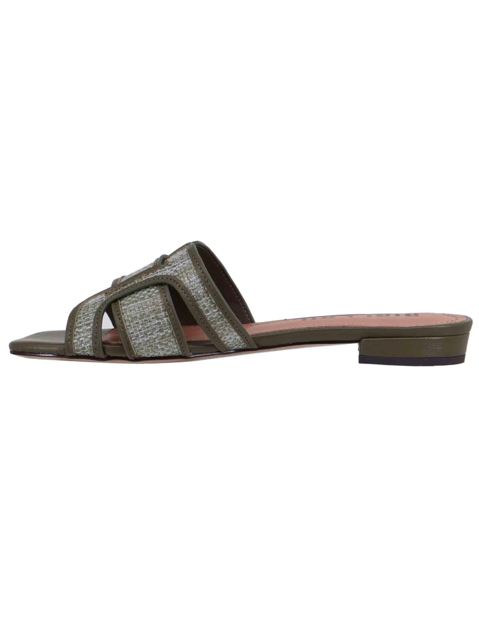 Sandali flat donna Holly in pelle e rafia verde 760Z69VK 025 Bibi Lou 