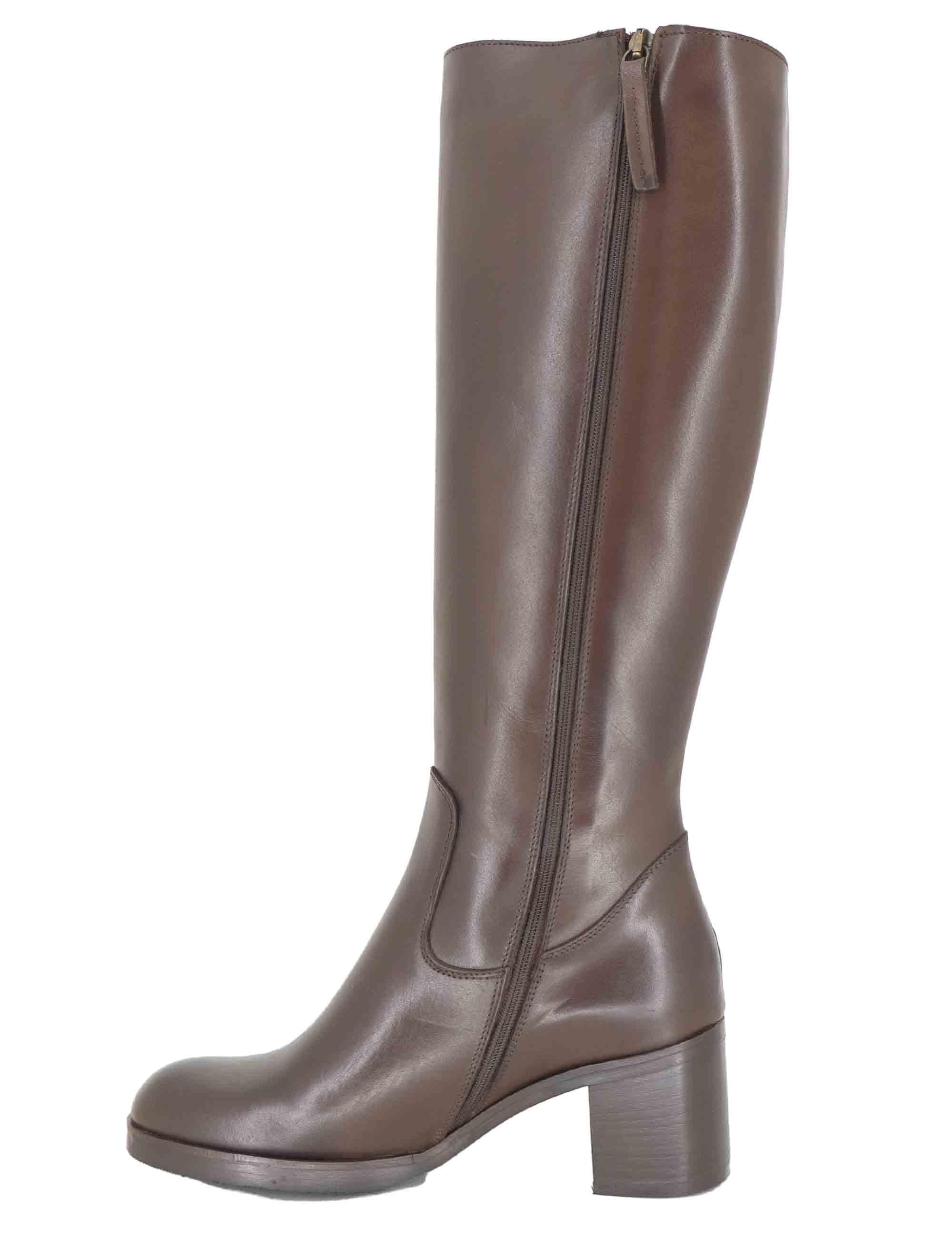 Stivali donna in pelle marrone con tacco alto in cuoio e zip laterale SPST6000 014 Spatarella 