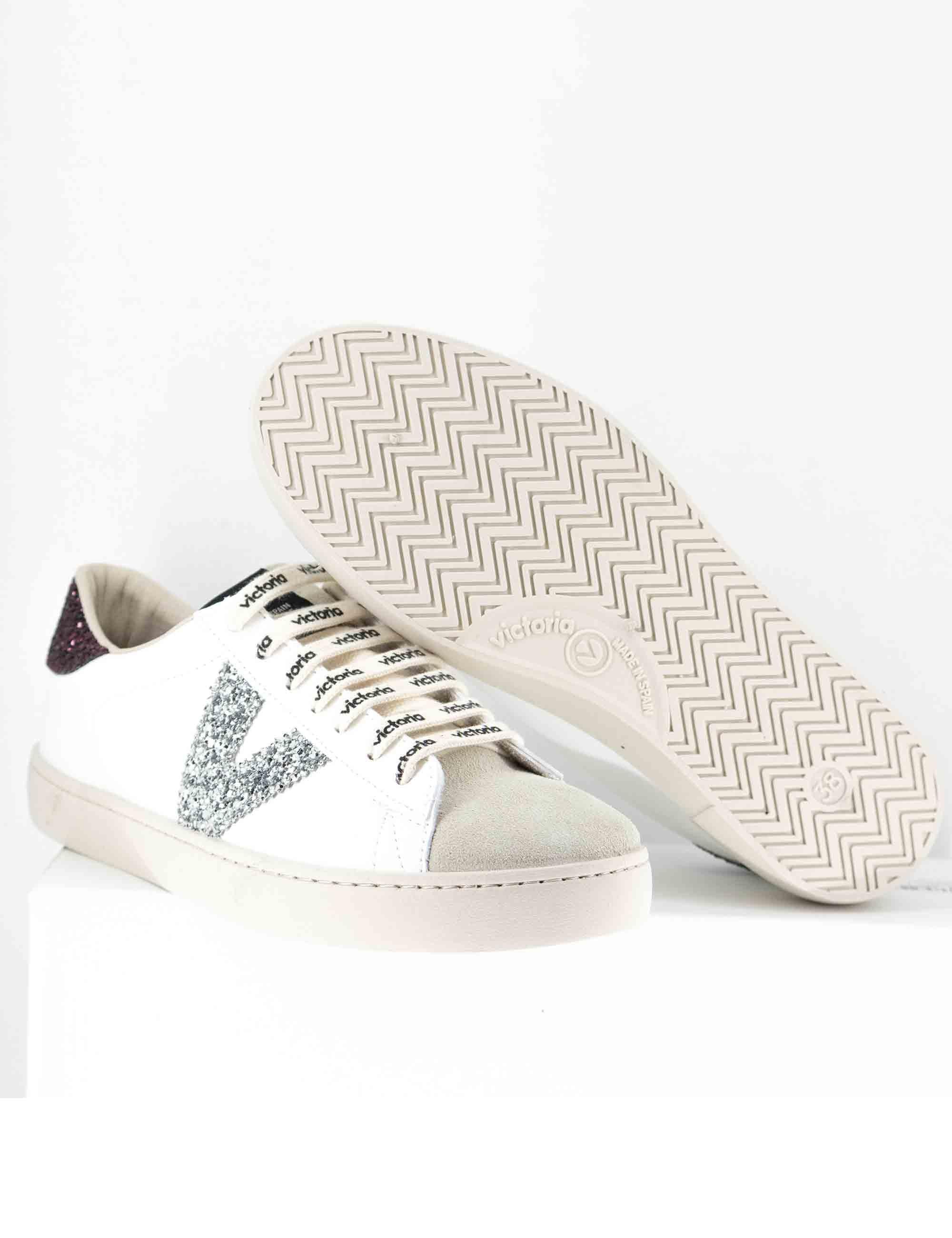 Sneakers donna in pelle bianca con logo in glitter 1126228 BURDEOS Victoria 