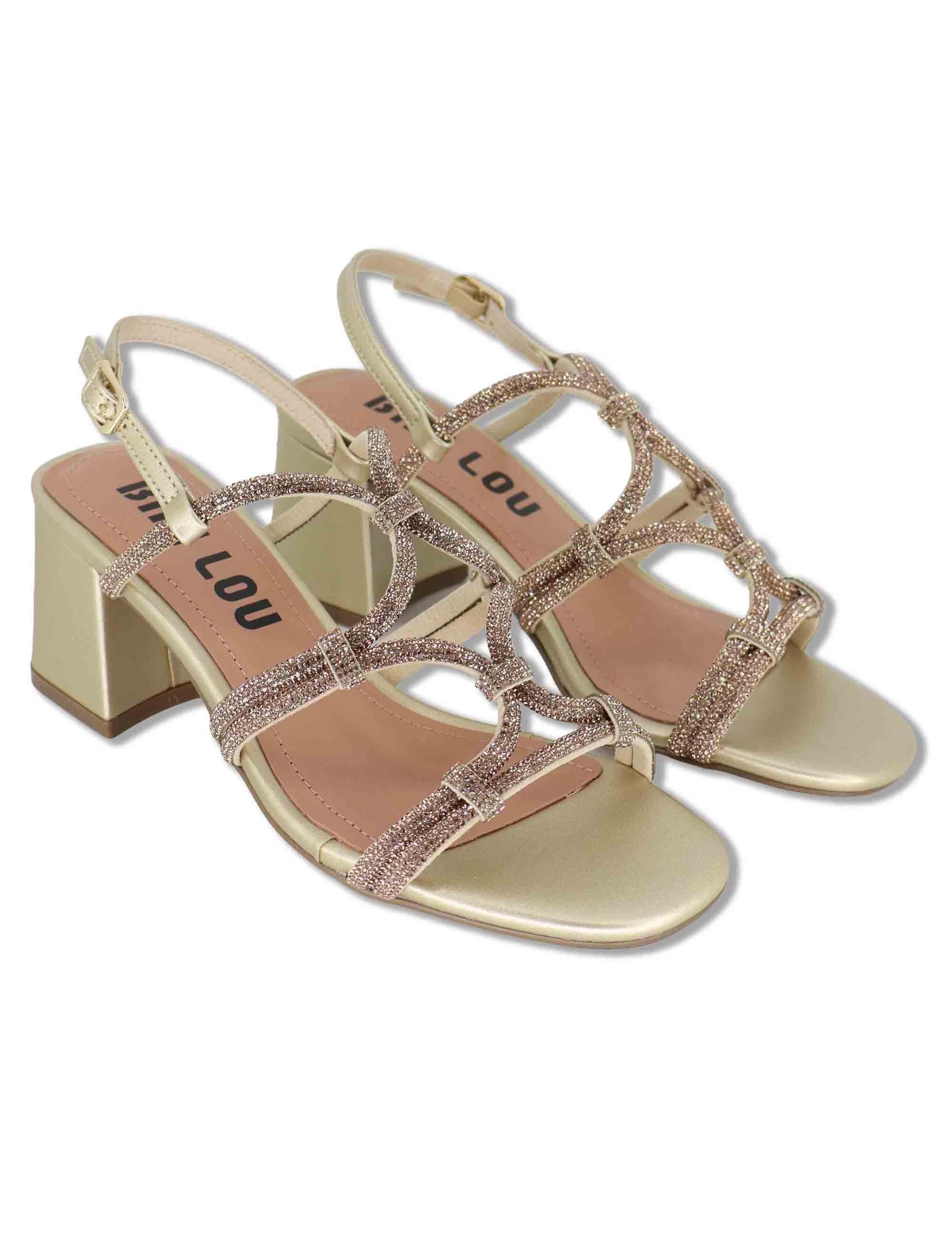 Sandali donna in pelle oro con strass e tacco medio Quail 958Z00HG 04-ORO Bibi Lou 