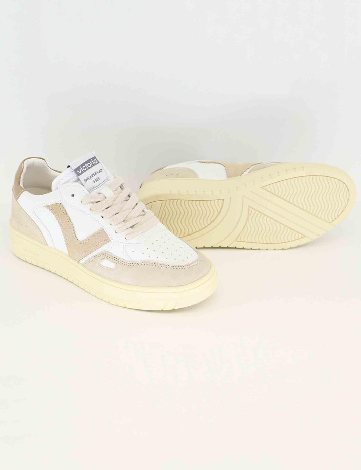 Sneakers donna in pelle bianca e camoscio beige 1257136 Beige Victoria 