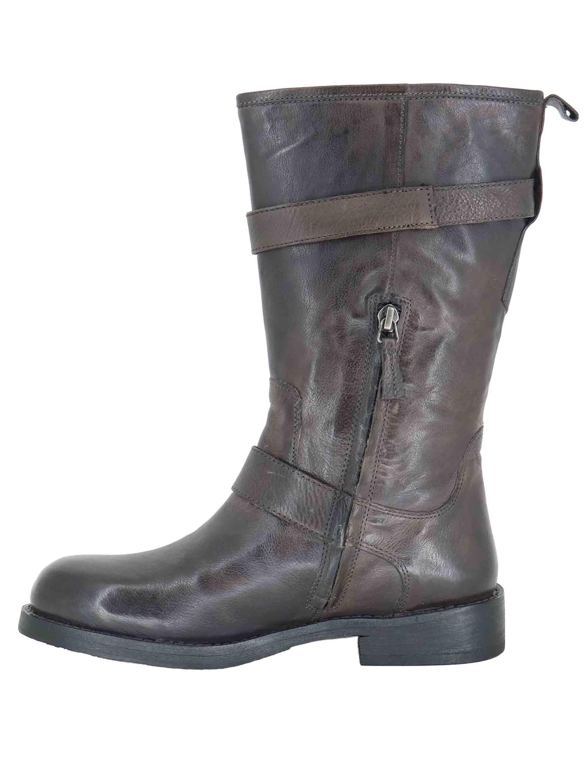 Stivaletti donna in pelle marrone con tacco basso e cinturini 252-22-23 DKGRE Zolfo 