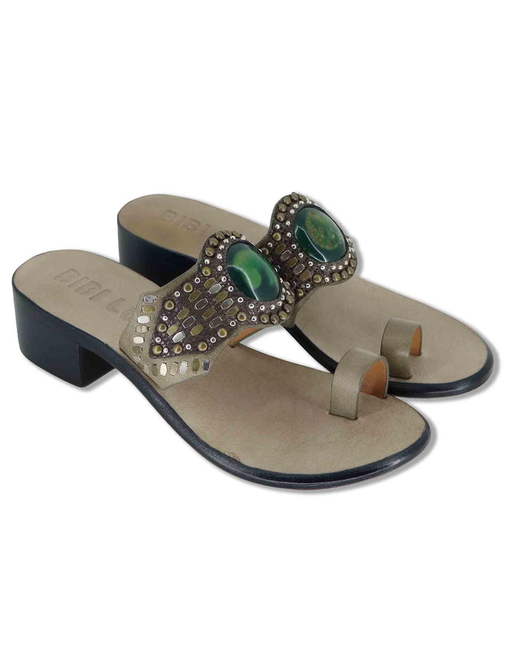 Sandali donna infradito in camoscio taupe con pietre e tacco medio in cuoio Teak 979Z88KW 70-VERDE Bibi Lou 