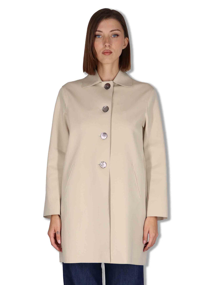 Spolverino donna in tessuto beige monopetto con bottoni in osso 50260003 031 Ewooluzione 