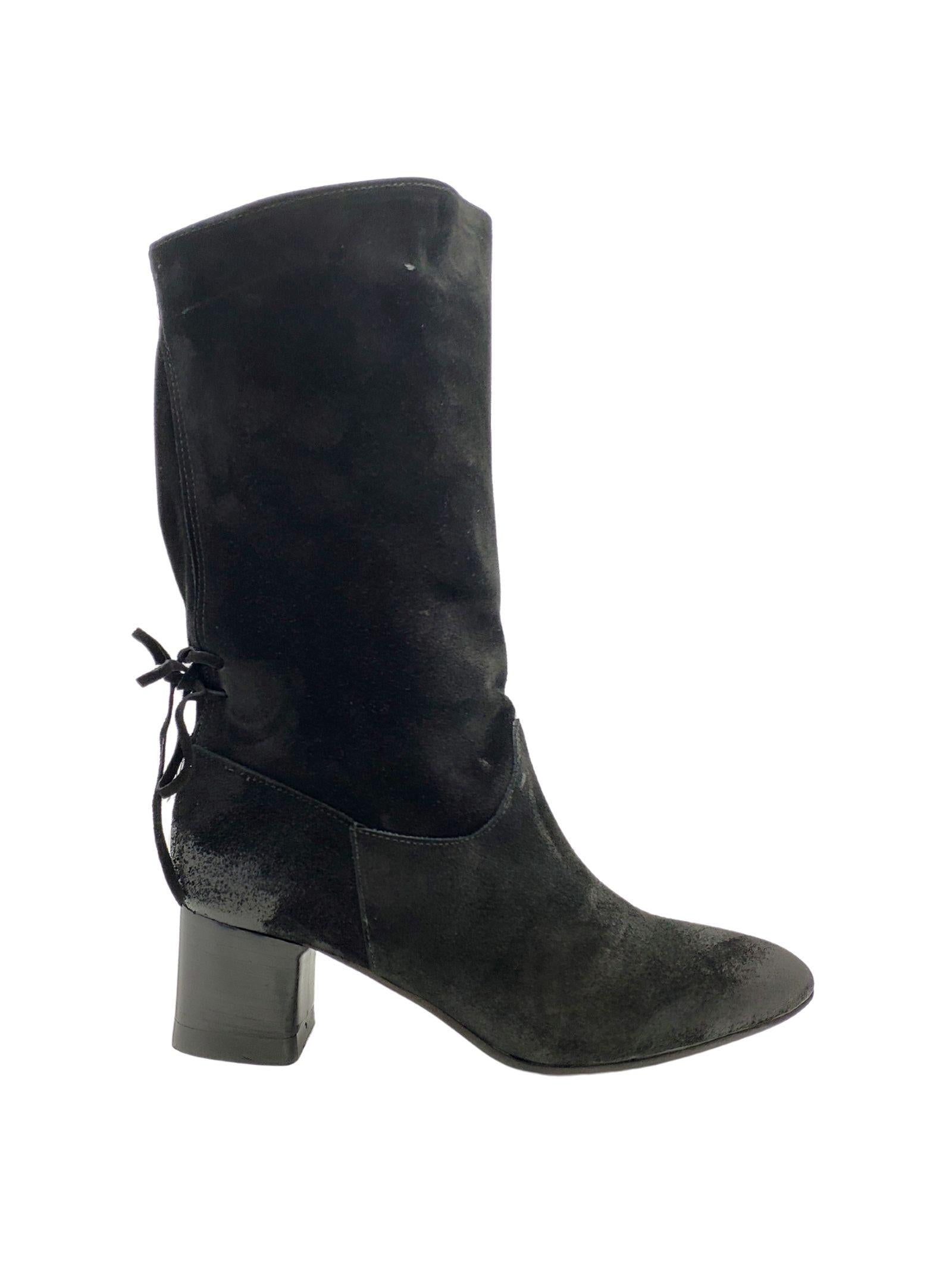 Calzature Donna Stivaletti In Pelle Scamosciata Nera Ingrassata Con Fiocco Posteriore e Tacco EB81 NERO Spatarella 