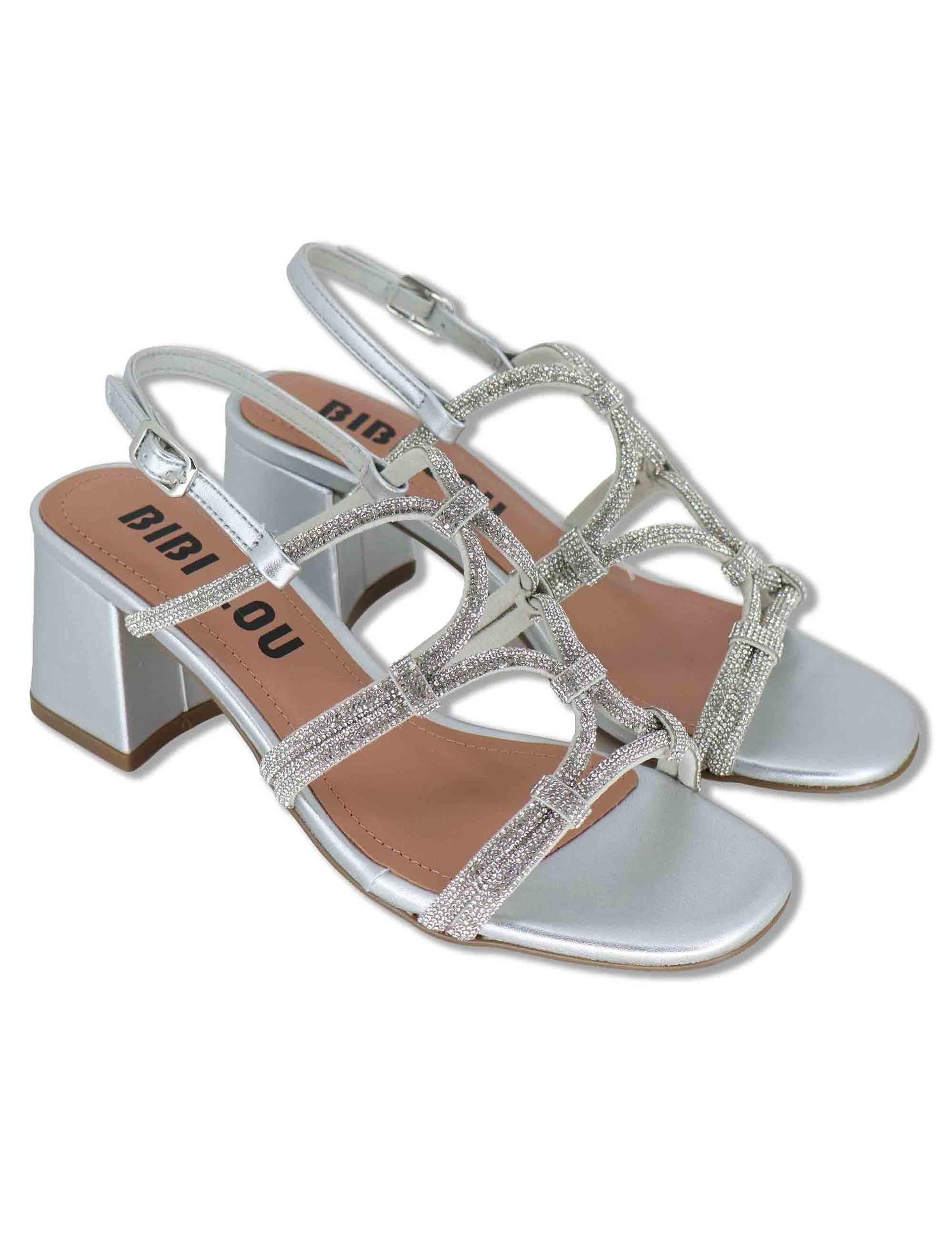 Sandali donna in pelle argento con strass e tacco medio Quail 958Z00HG 01-PLATA Bibi Lou 