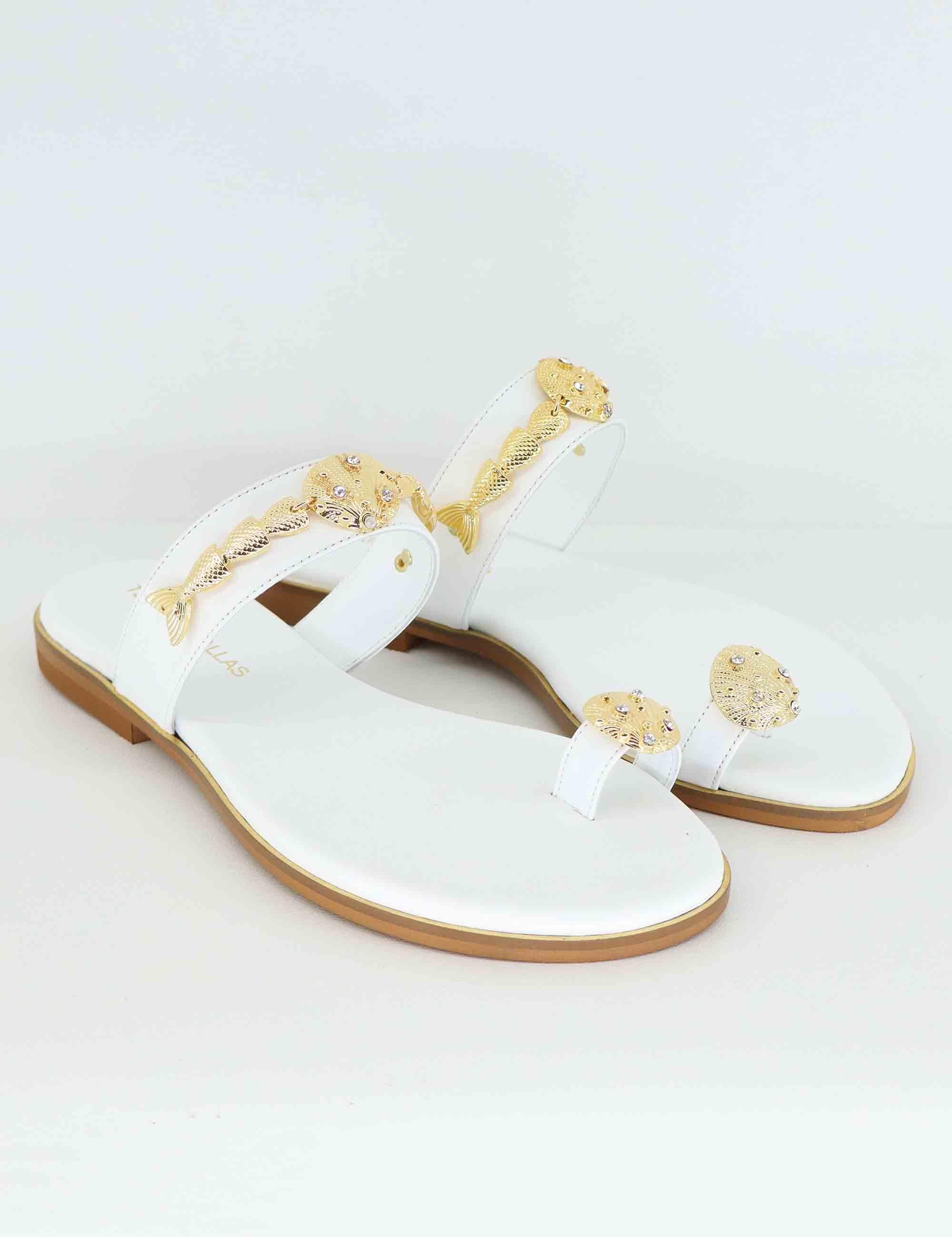 Sandali flat infradito donna in pelle bianca con gioiello U41005011652 501 Tsakiris Mallas 