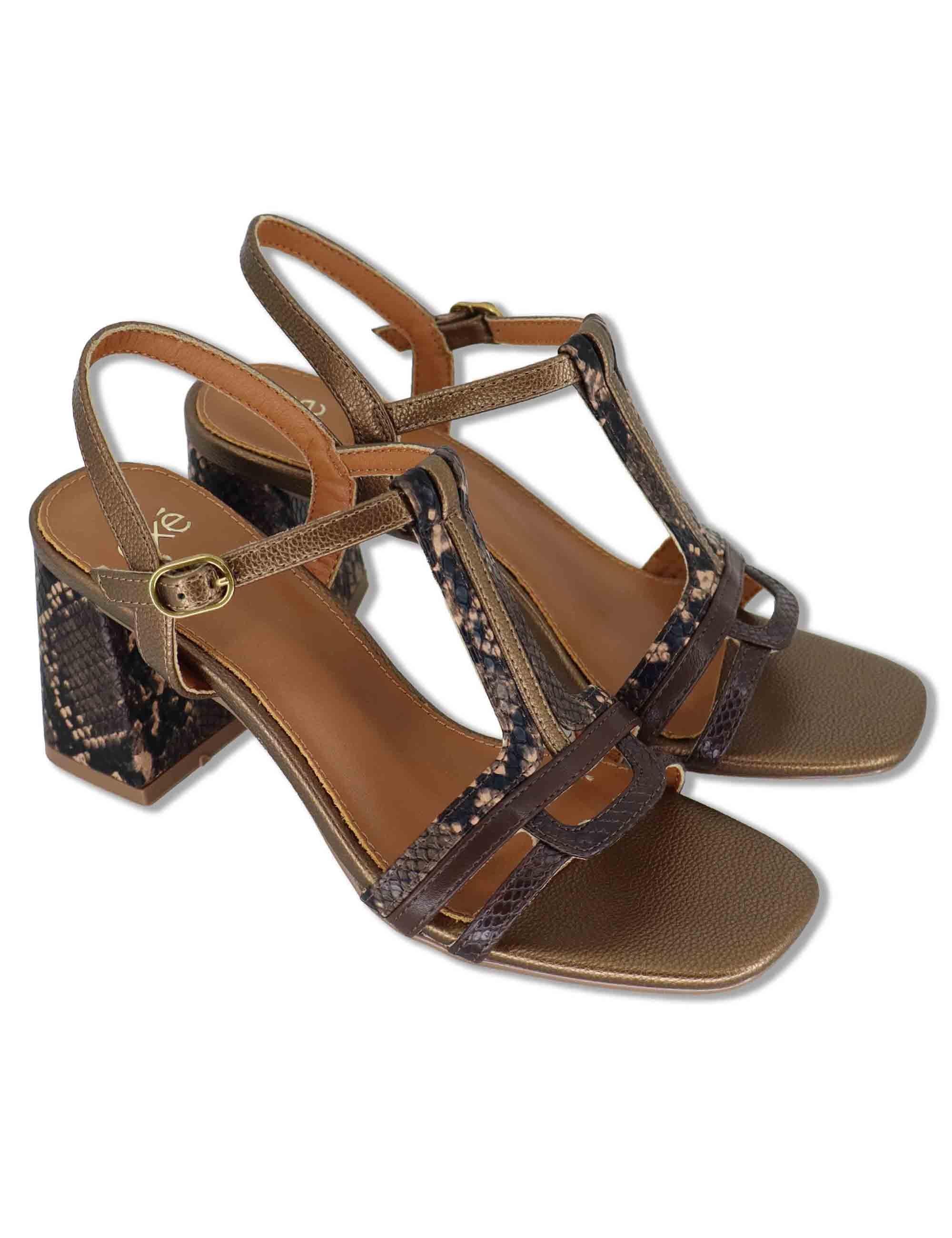 Sandali donna in tessuto stampato bronzo con tacco alto e conturino alla caviglia COCO-920 H282 Exe 