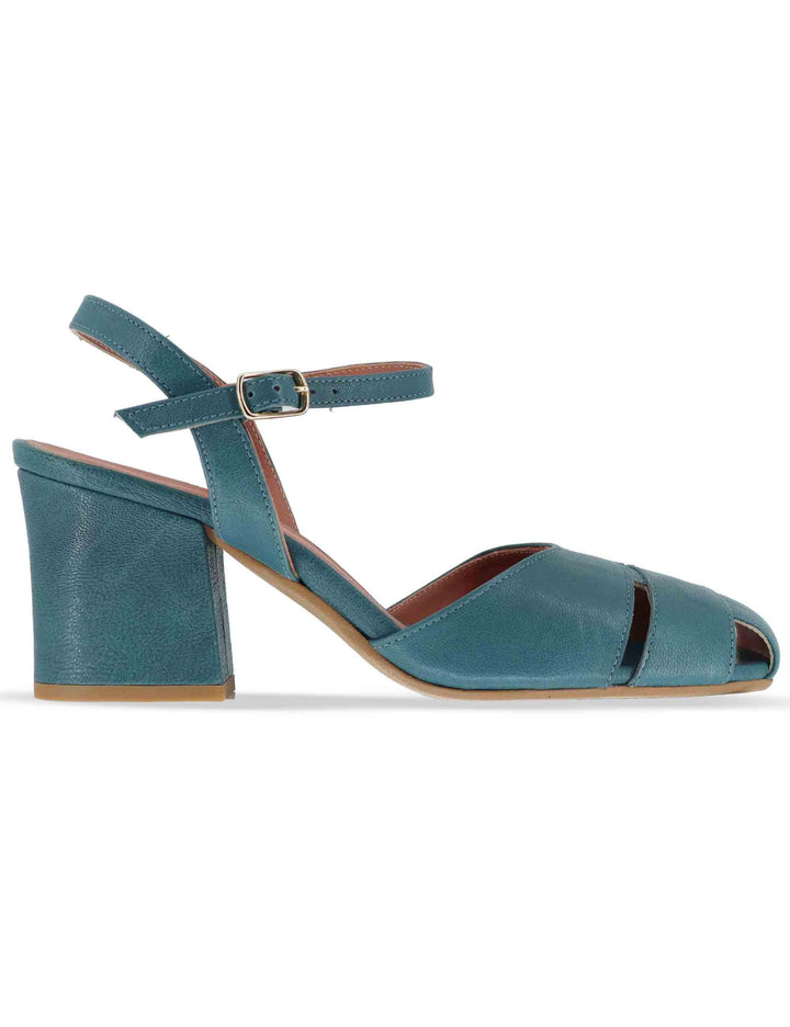Sandali donna in pelle petrolio con tacco medio e cinturino alla caviglia 5145P 088 Les Venues 