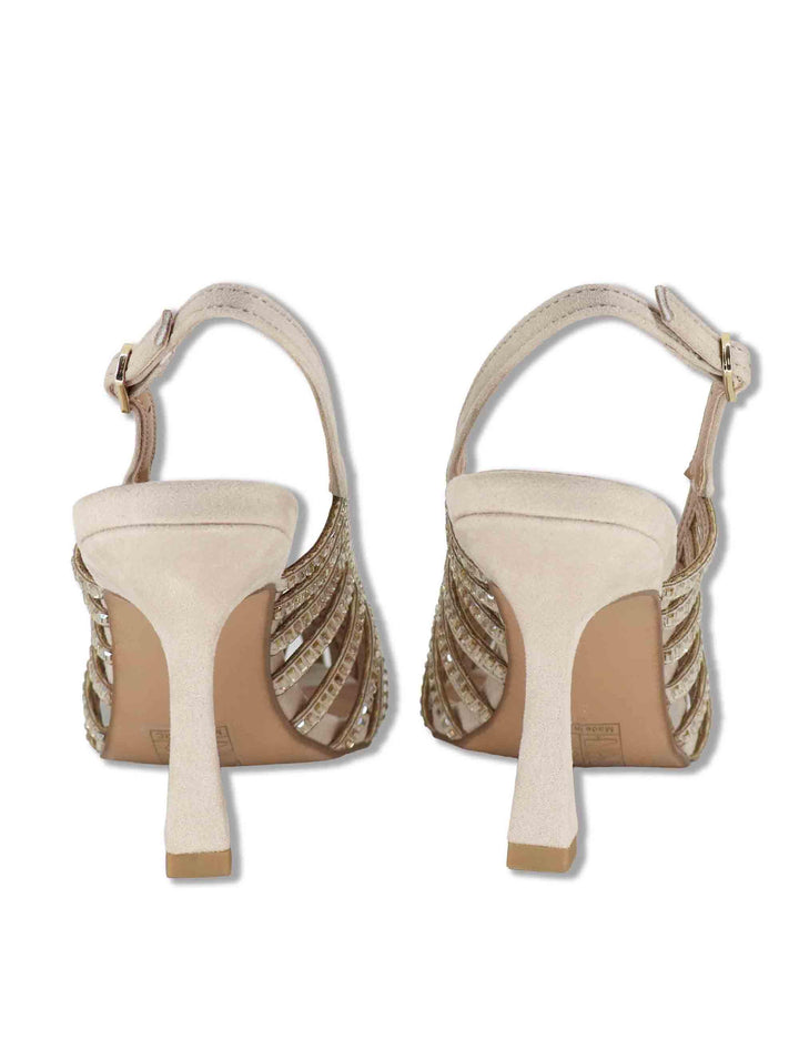 Sandali donna in camoscio e borchie oro con tacco alto e cinturino posteriore W4700505 543H Exe 