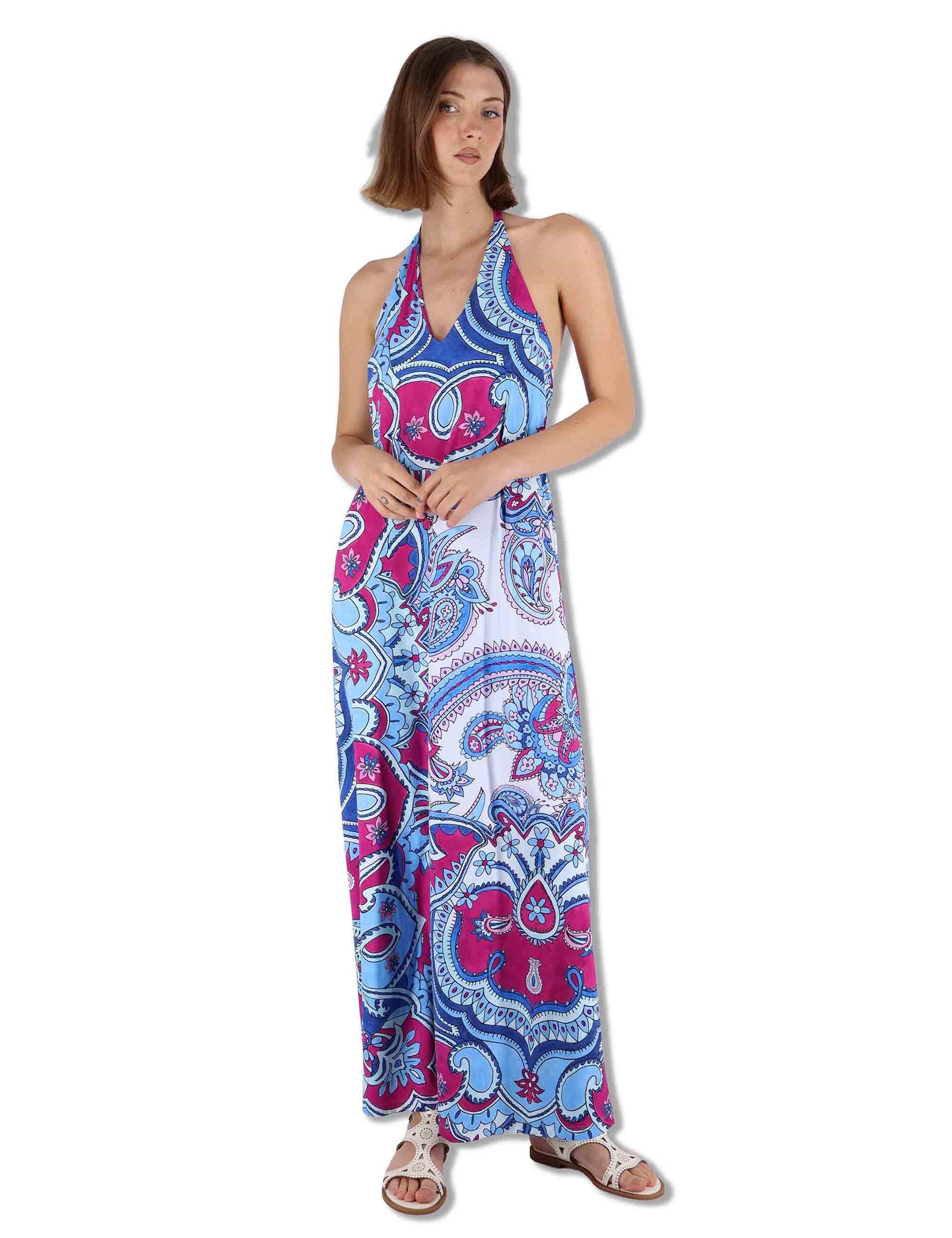 Abiti donna Hippie Lotus in tessuto stampato azzurro e blu senza maniche JF671170671 A8184 Maliparmi 