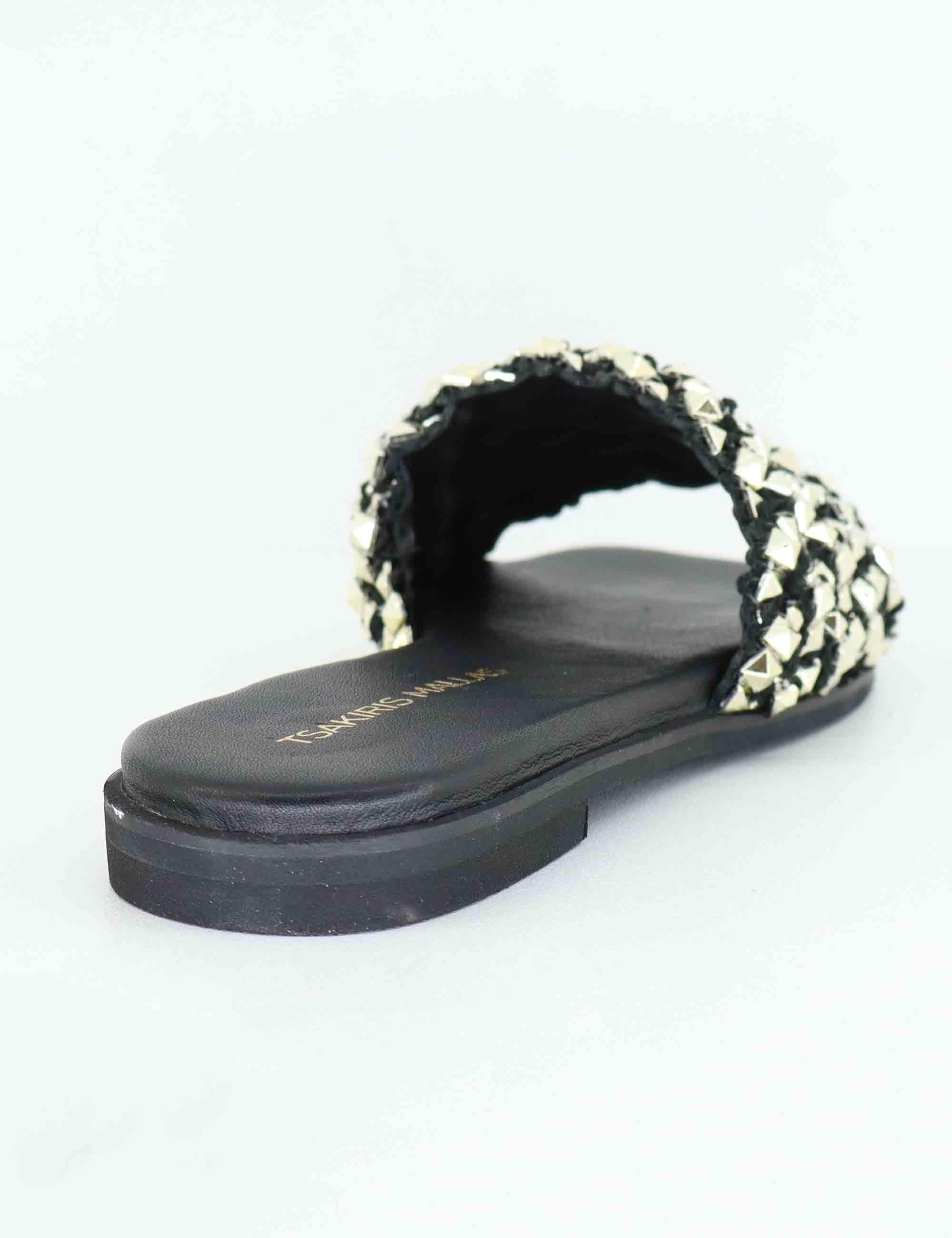 Sandali flat donna in tessuto nero con borchie argento U41009501340 950 Tsakiris Mallas 