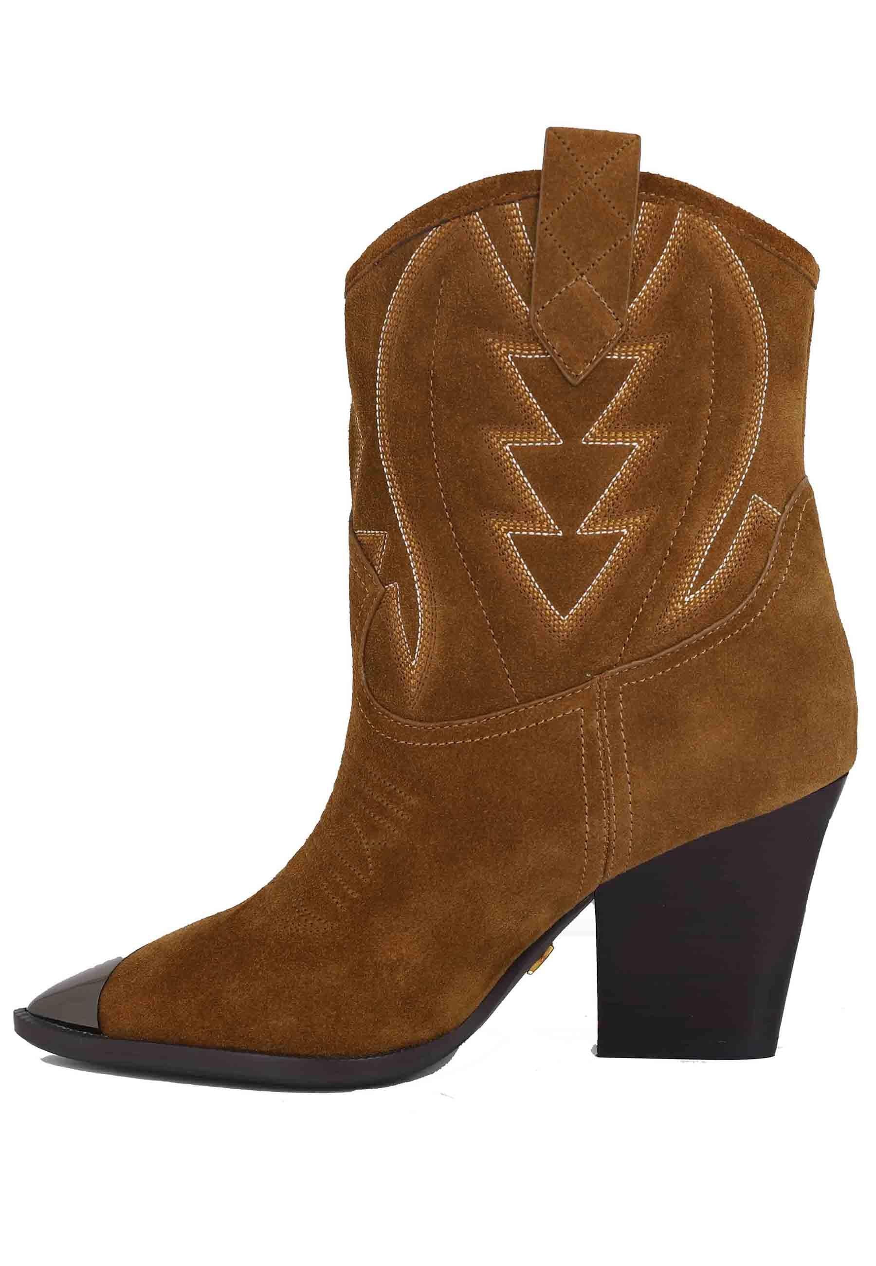 Stivaletti texani donna in camoscio cuoio con cuciture in contrasto e puntale in acciaio Gambels 293T60BK 014 Lola Cruz 