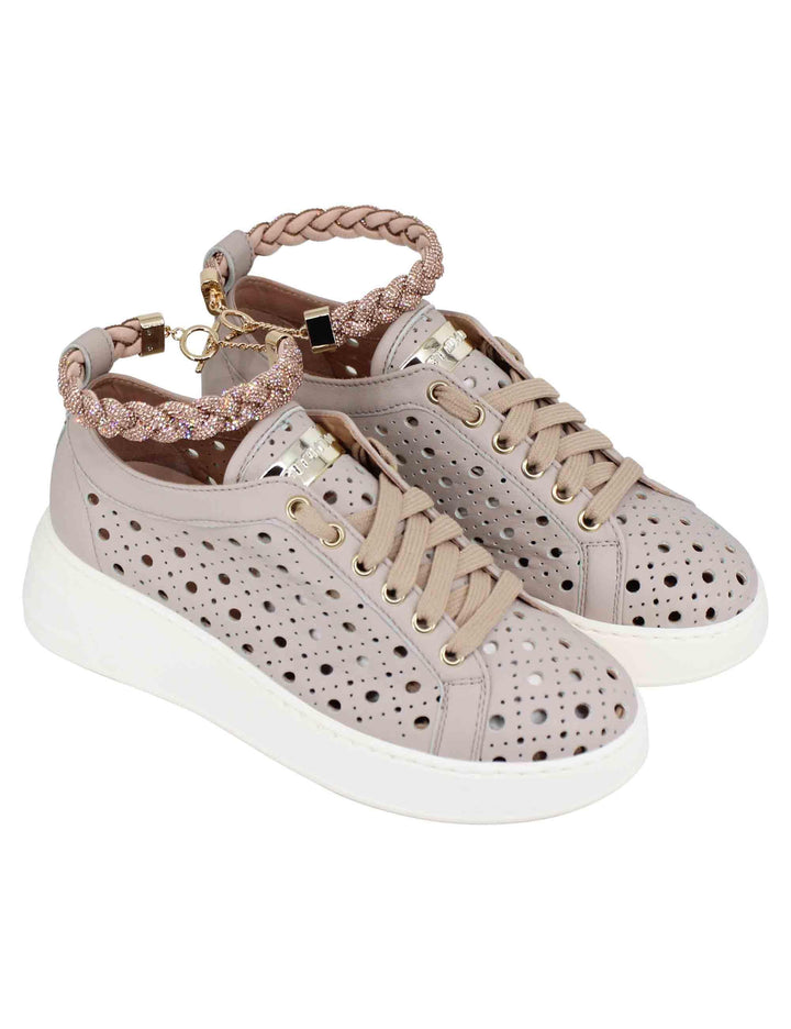 Sneakers donna in pelle forata taupe con cavigliera in strass 130 D 026 Stokton 