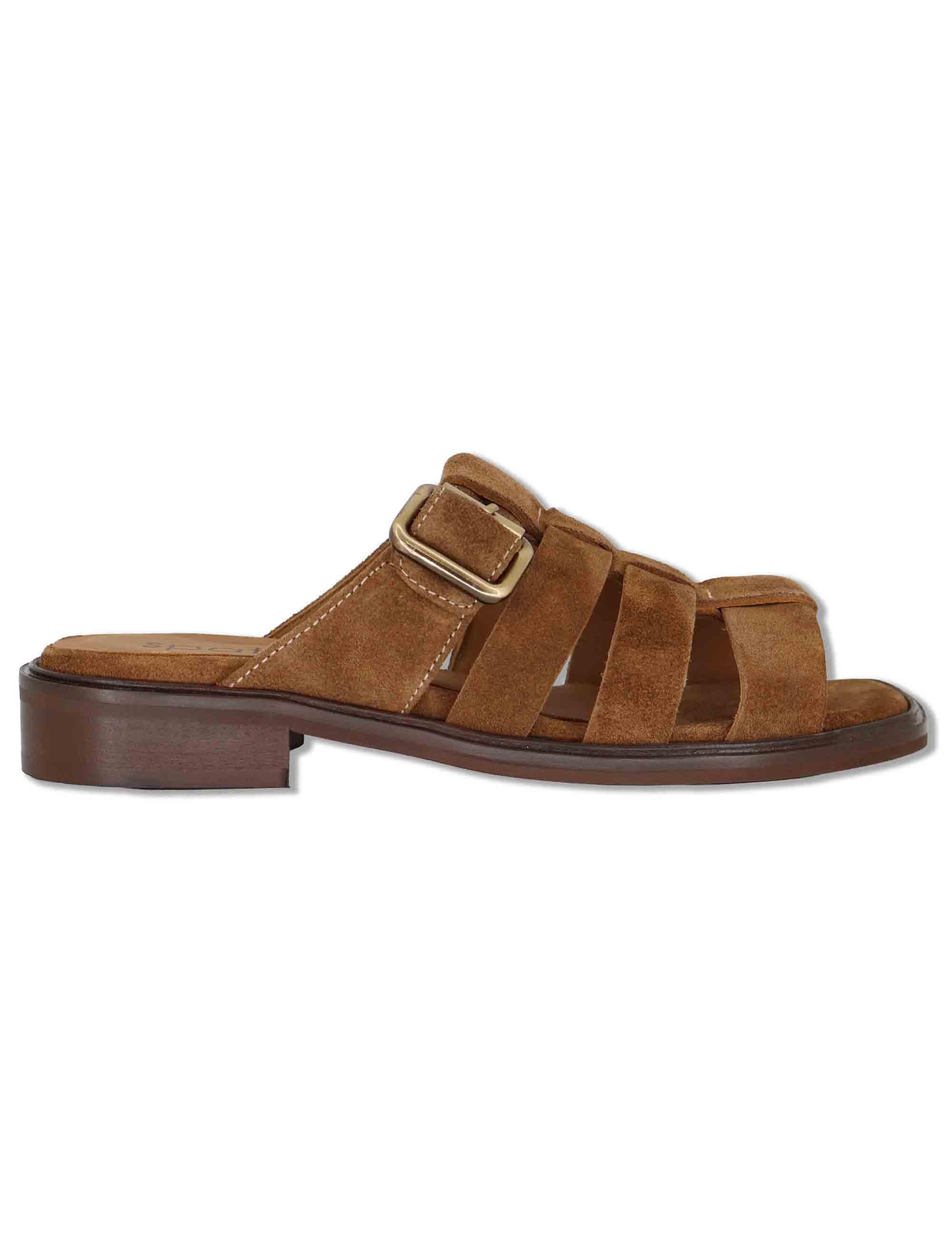 Sandali donna flat in camoscio cuoio con fasce e fibbia laterale SPB603 014 Spatarella 