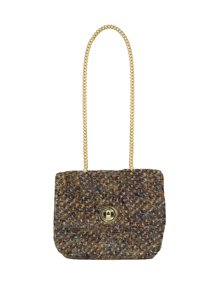 Pochette donna in tessuto decorato taupe con tracolla oro URIEL BECCA Kassiopea 