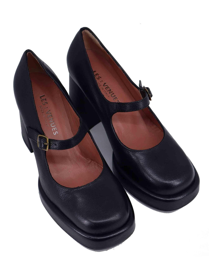 Decollete donna in pelle nera con tacco alto e plateau 9616Z 001 Les Venues 