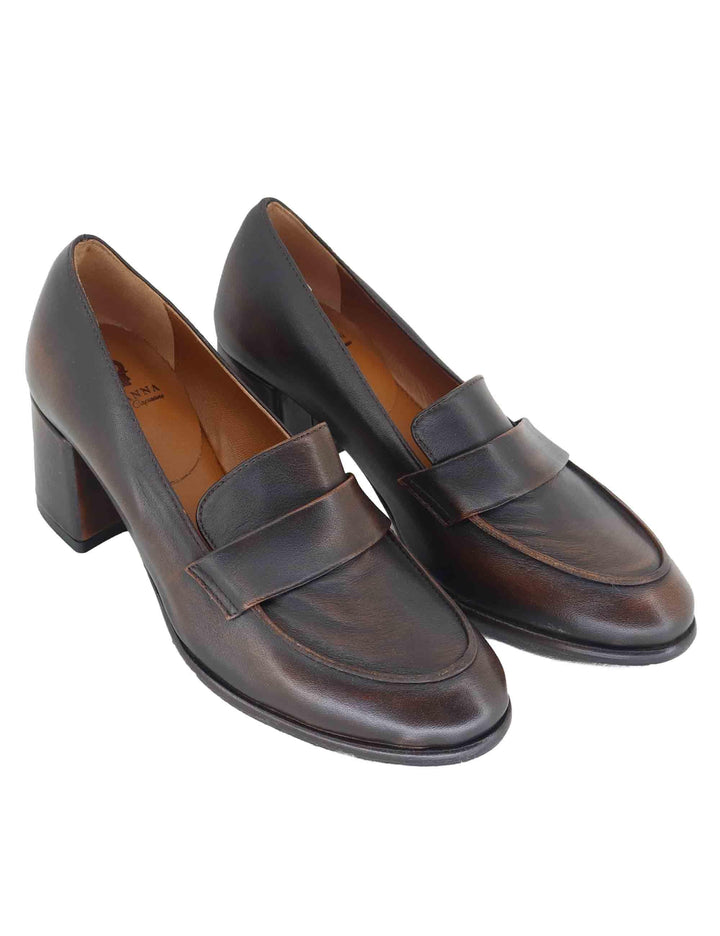 Mocassini donna in pelle vintage marrone tacco medio MO2600 014 L'Arianna 