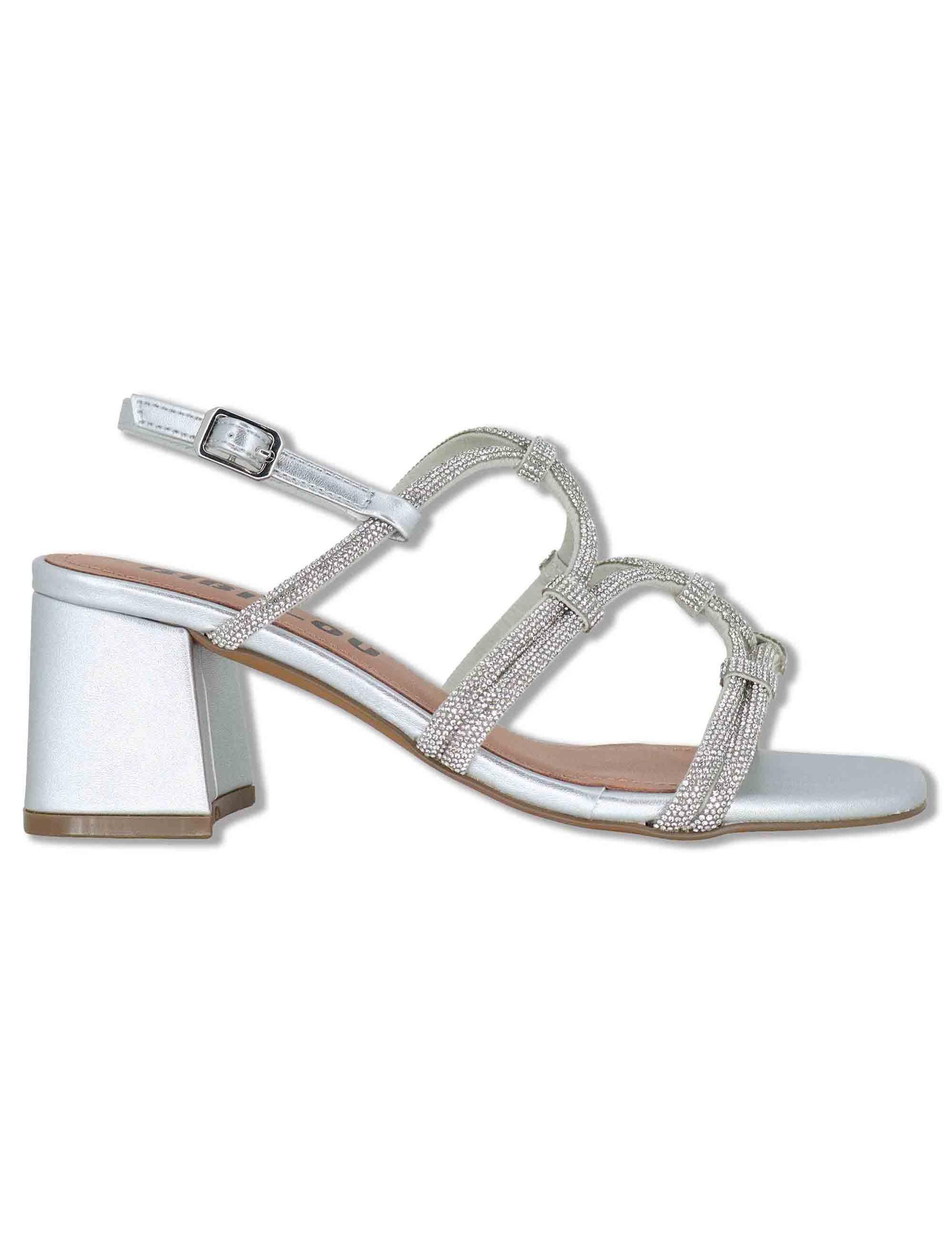 Sandali donna in pelle argento con strass e tacco medio Quail 958Z00HG 01-PLATA Bibi Lou 