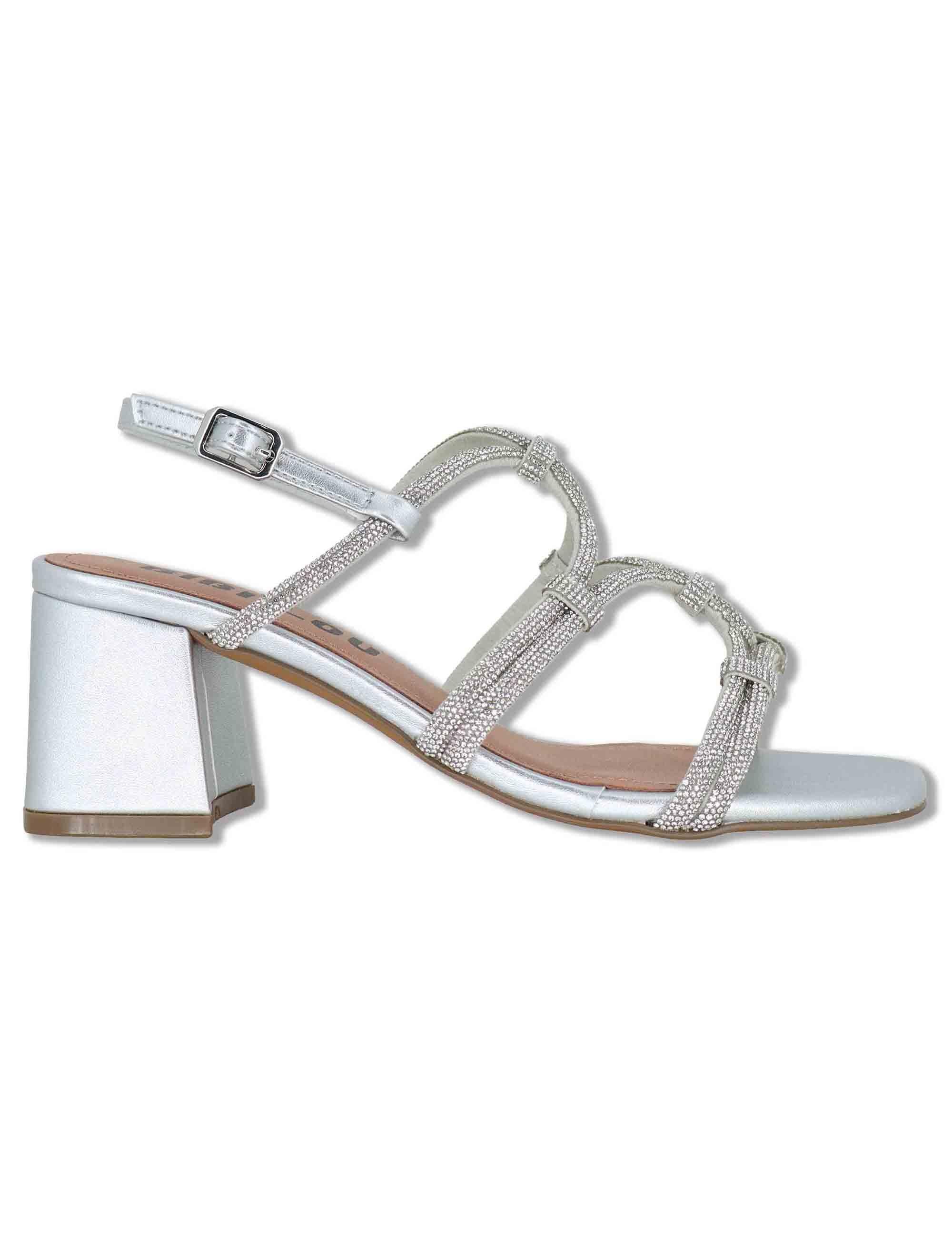 Sandali donna in pelle argento con strass e tacco medio Quail 958Z00HG 01-PLATA Bibi Lou 