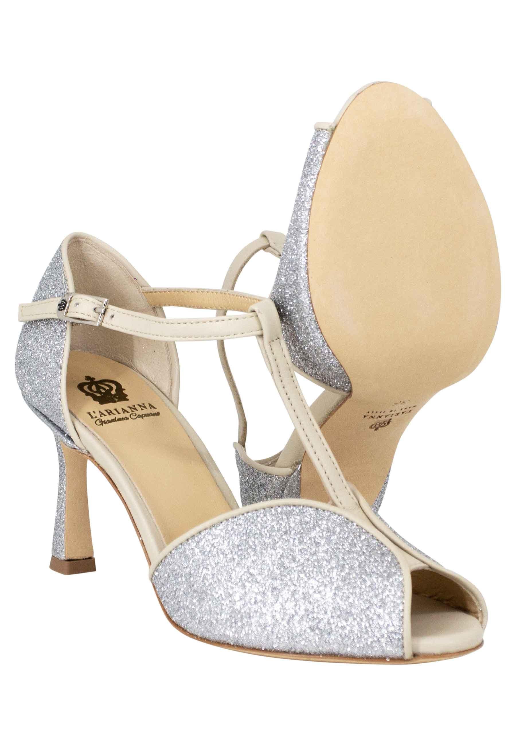 Sandali donna in glitter e pelle argento con tacco alto SP1612/RT 604 L'Arianna 