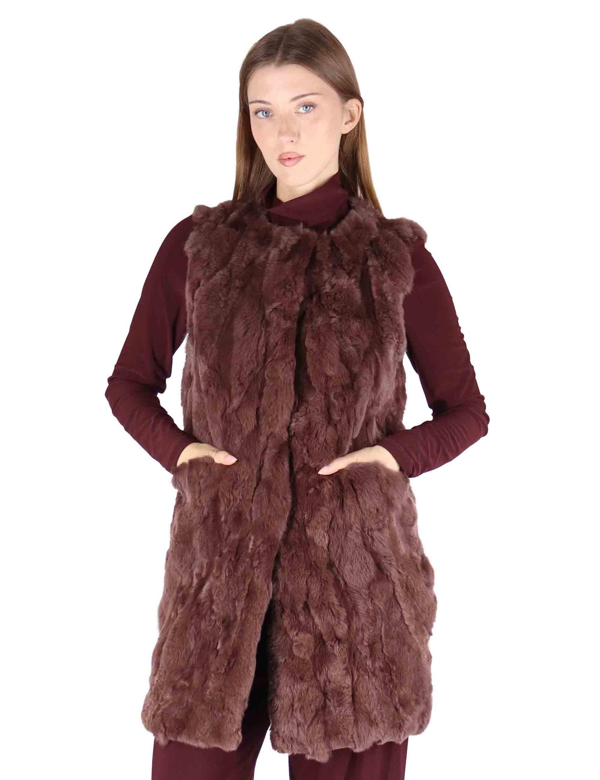 Gilet lunghi donna in lapin bordeaux senza collo SP24165 015 Spatarella 