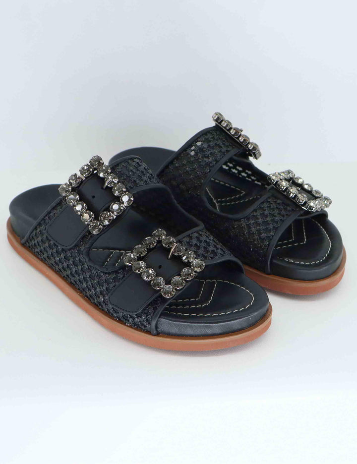 Sandali flat donna in pelle nera con doppia fibbia PRIMULA06 001 Lorenzo Mari 