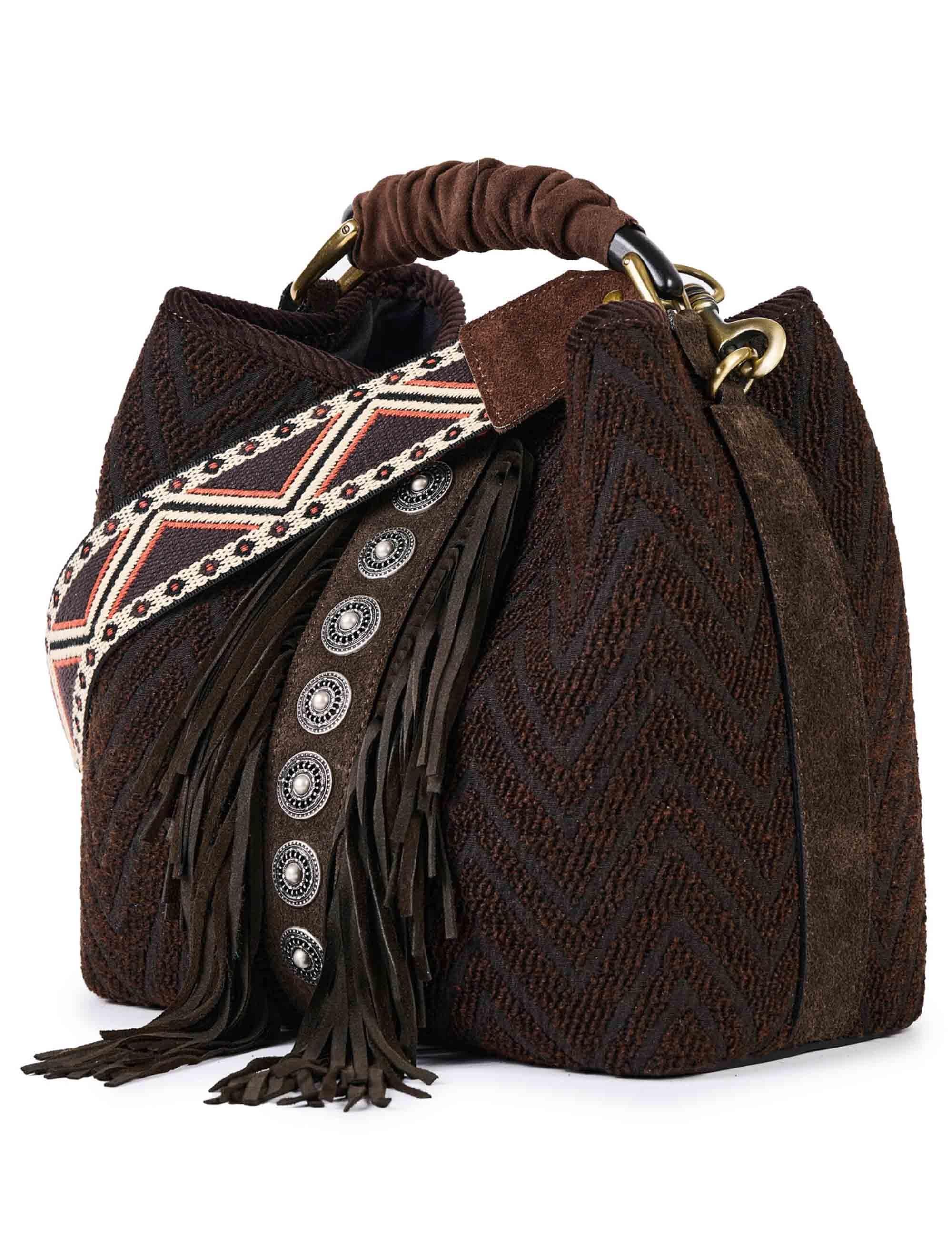 Borse donna in tessuto jacquard marrone con borchie e frange CORAL Q01 Via Mail Bag 