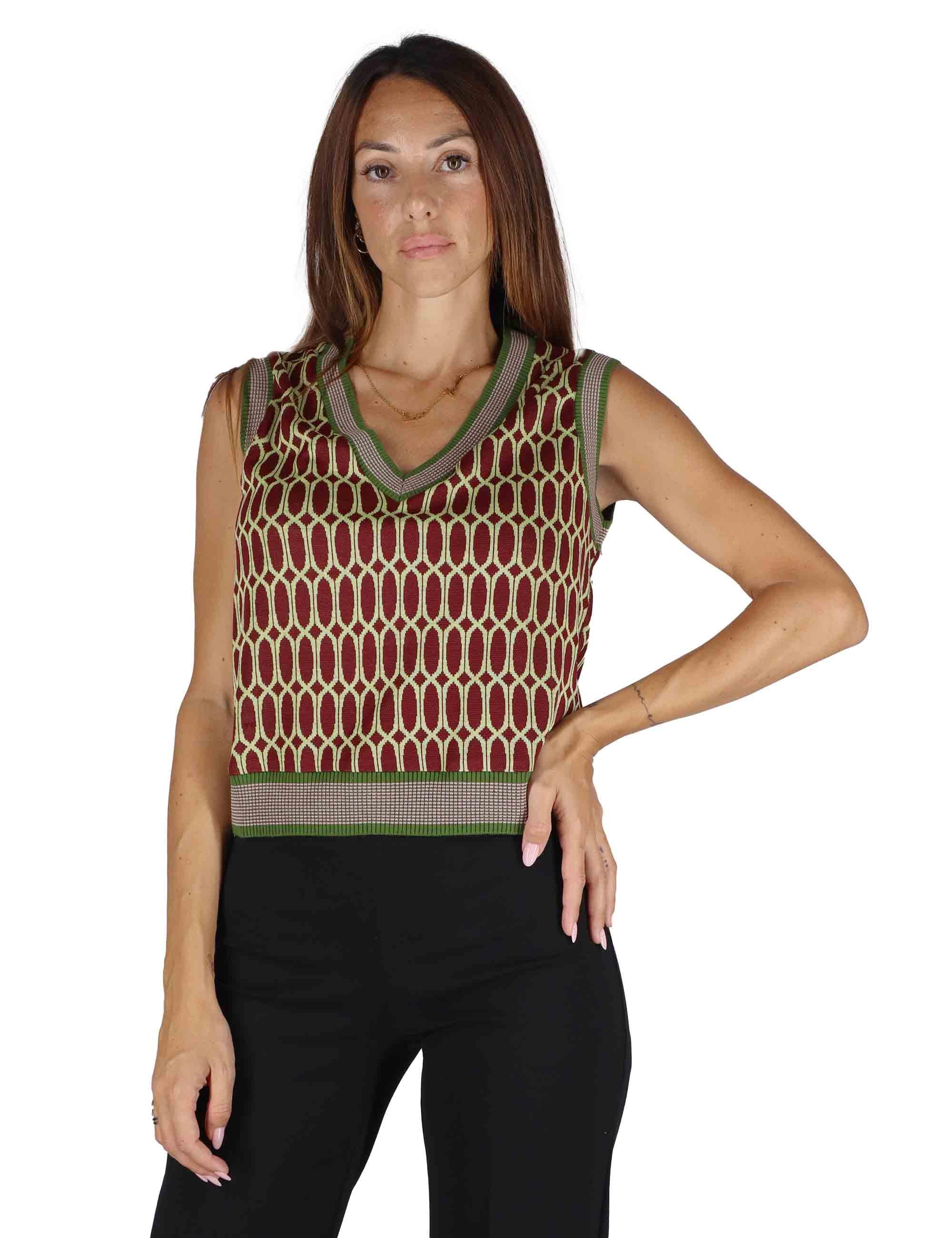 Gilet donna in tessuto naturale bordeaux a fantasia con scollo a V JABGI0025-F1161 4280 Justmine 