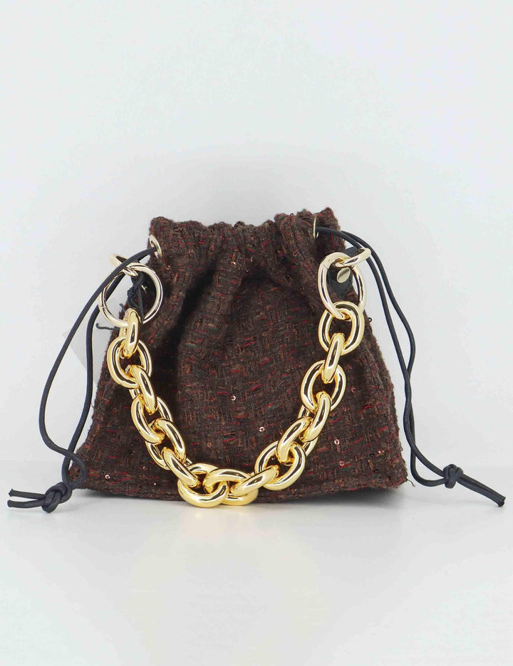 Borse donna in tessuto marrone con chiusura coulisse e catena oro BON BON RUTH Kassiopea 
