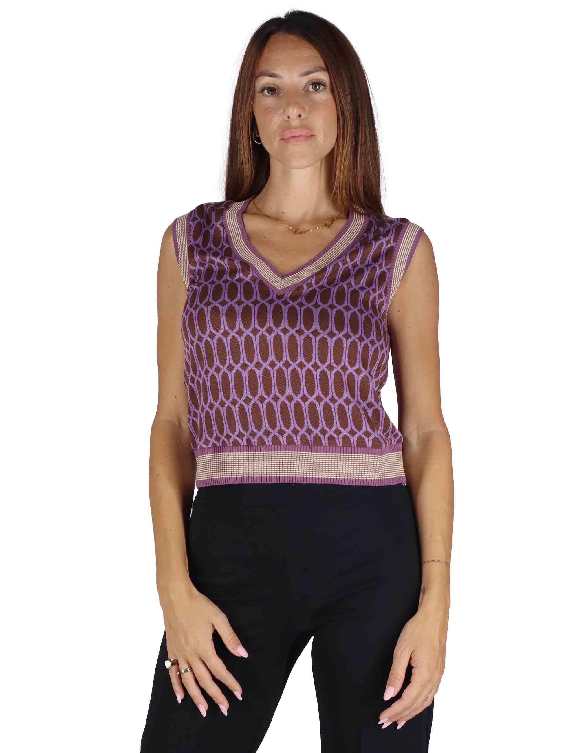 Gilet donna in tessuto naturale marrone a fantasia con scollo a V JABGI0025-F1161 8150 Justmine 