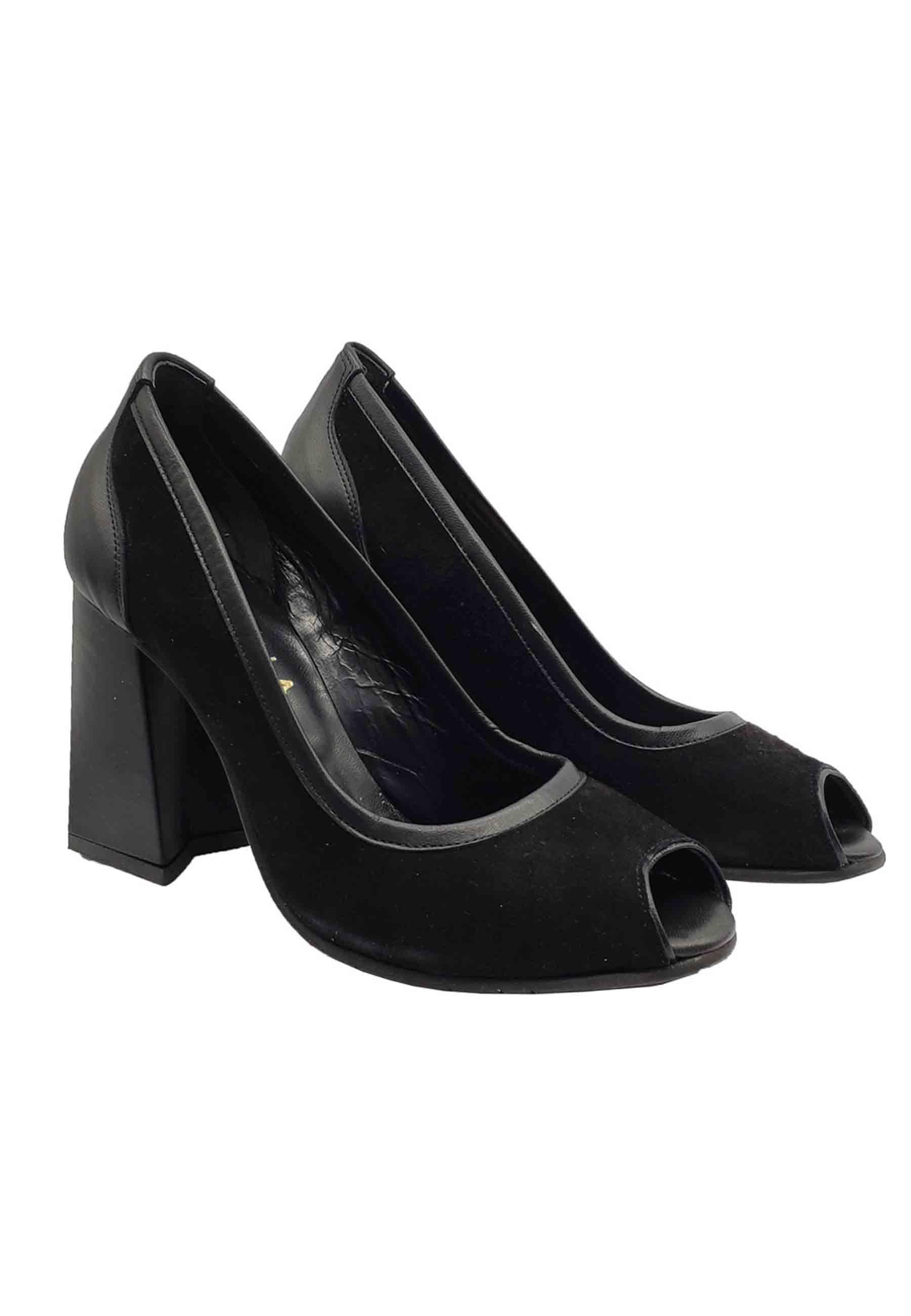 Calzature Donna Décolleté Open Toe In Camoscio e Pelle Nera Tacco Alto F2808 NERO Spatarella 