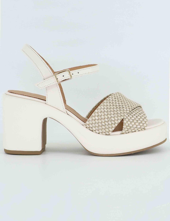 Sandali donna in pelle e tessuto off white con zeppa 2150 1 Gianmarco Sorelli 