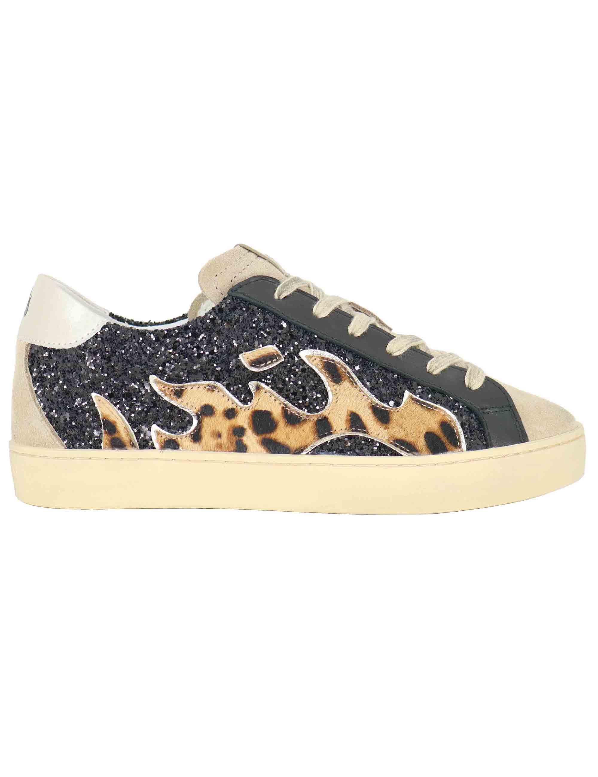 Sneakers donna in glitter nero con logo animalier D0058S05 03 Gamin 