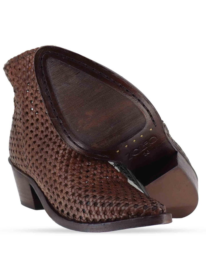 Stivaletti donna in pelle intrecciata cuoio con tacco messicano 261-303-19 BROWN Zolfo 