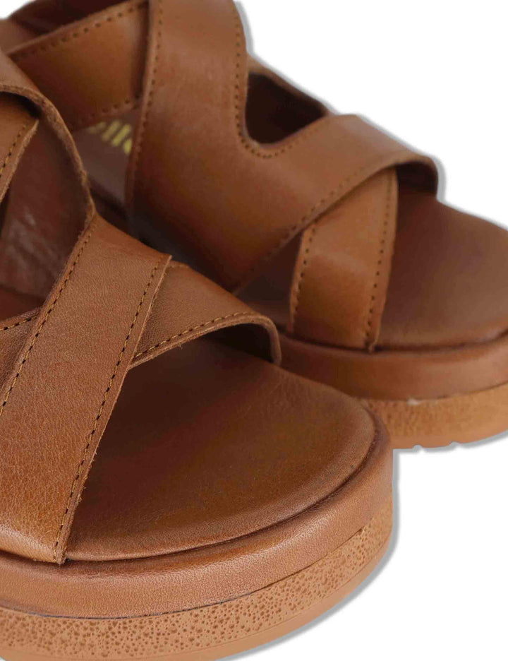 Sandali donna in pelle cuoio con fascette e fibbia e zeppa alta SP261352 014 Spatarella 