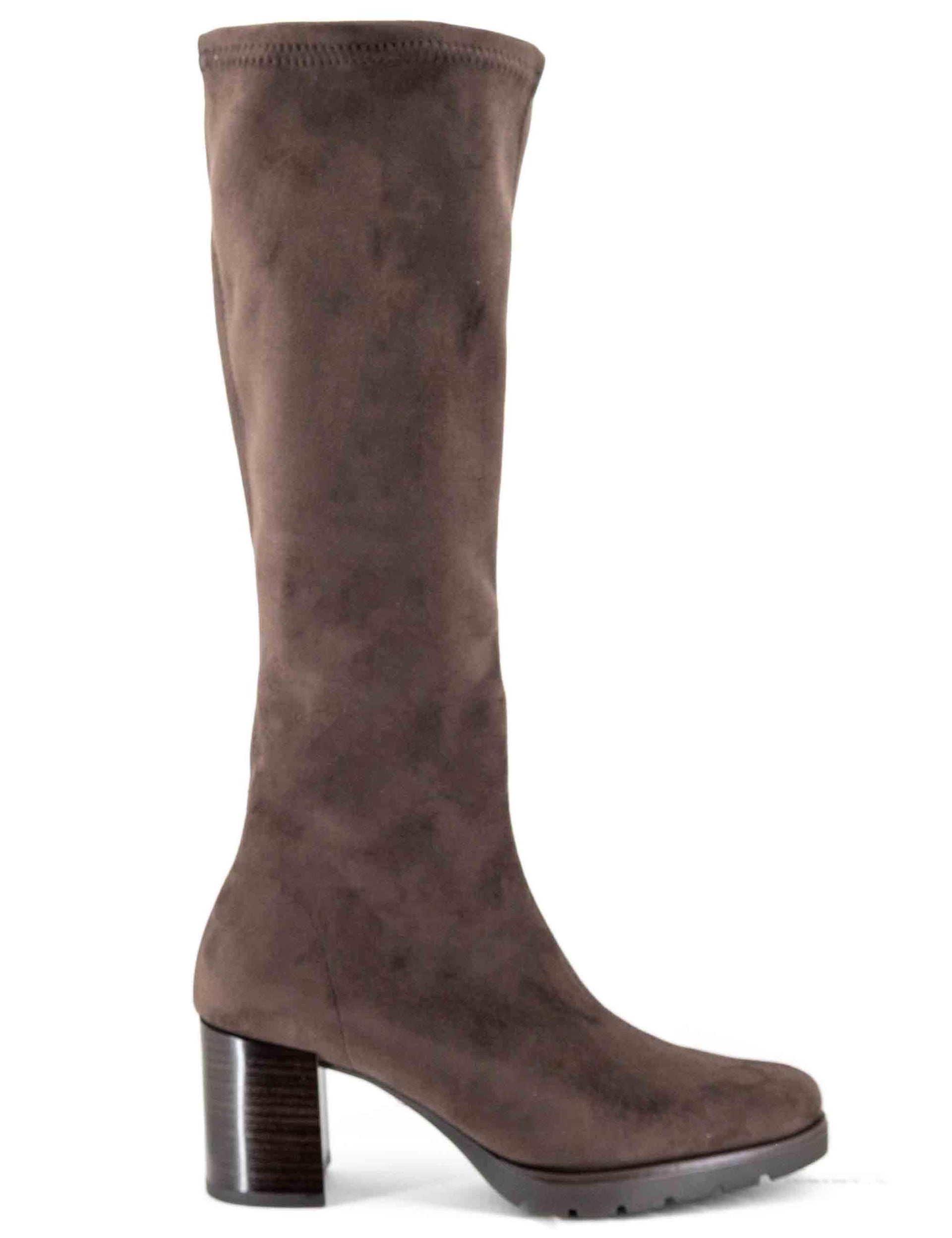 Stivali donna in tessuto elasticizzato marrone con tacco e plateau 78173-AE 44 Miss Elastic 