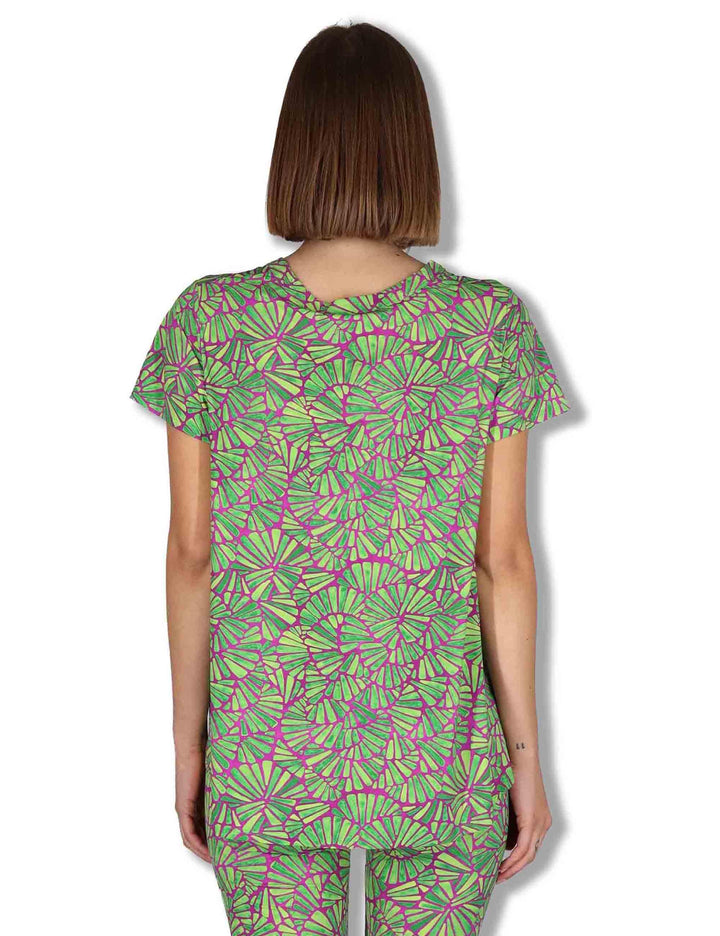 T-Shirt donna Shell in tessuto stampato viola e verde con scollo a V JK027970672 A5032 Maliparmi 