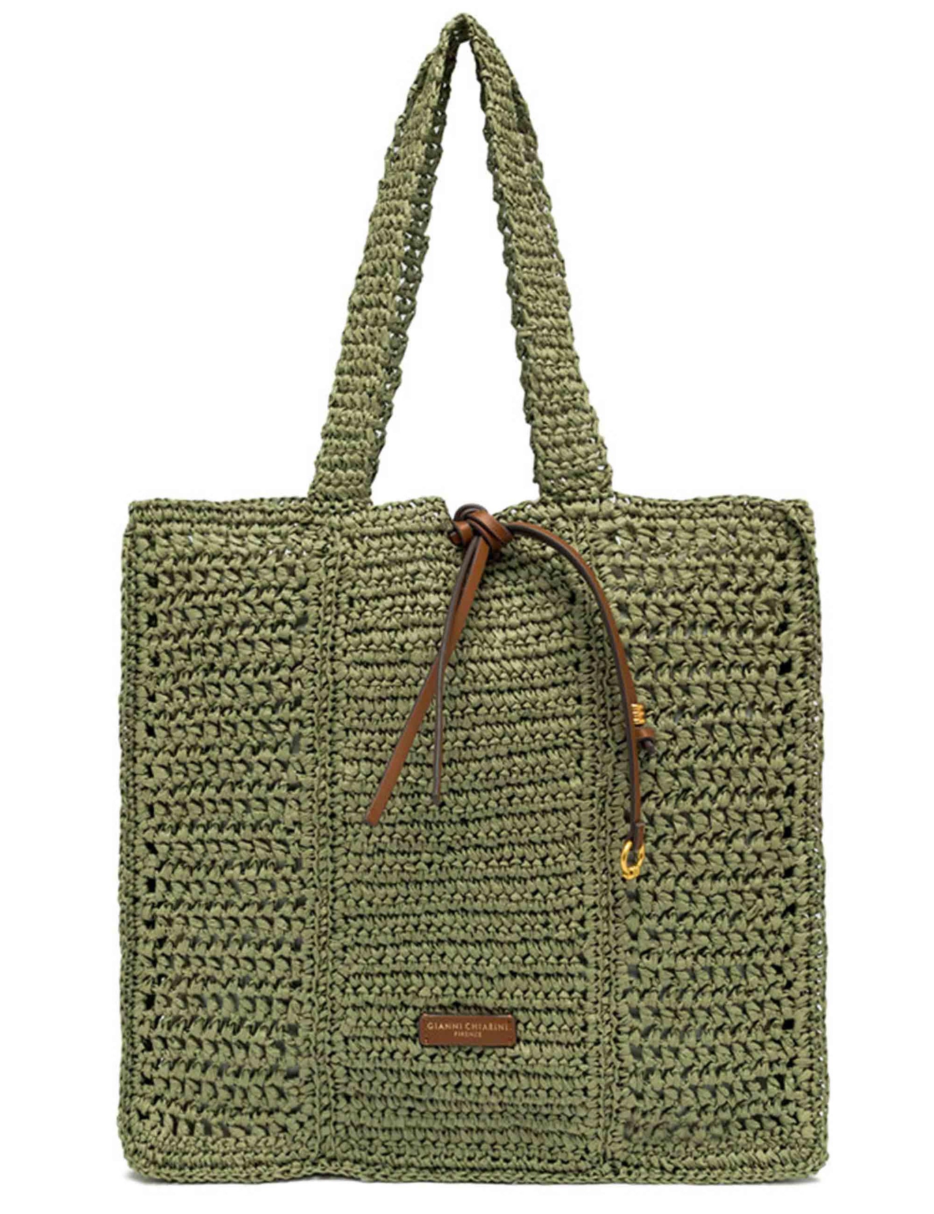 Borse Shopper donna Nefili in paglia verde con manico e chiusura in pelle BS11955 COMM STR-CRCH 11730 Gianni Chiarini 