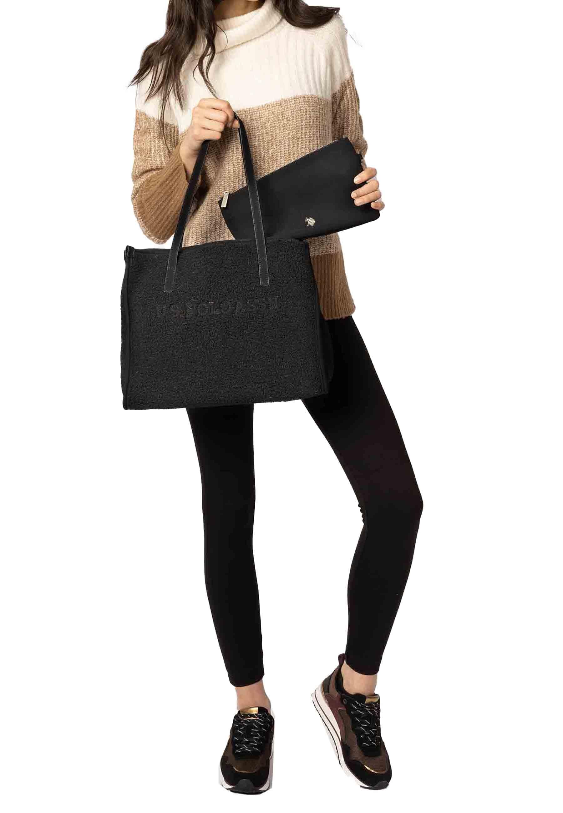 Borsa donna tote a spalla in teddy nero Sussex Shopping BIUZB6244WZ C005 U.S. Polo Assn. 